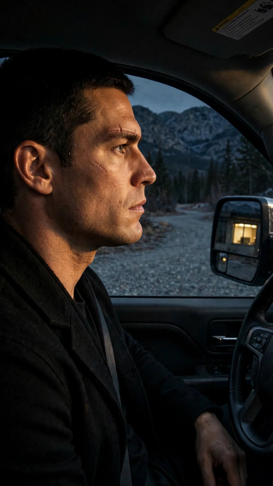 Axton pulls away into the dark, one hand on the wheel, jaw set, the lit window small in the mirror.