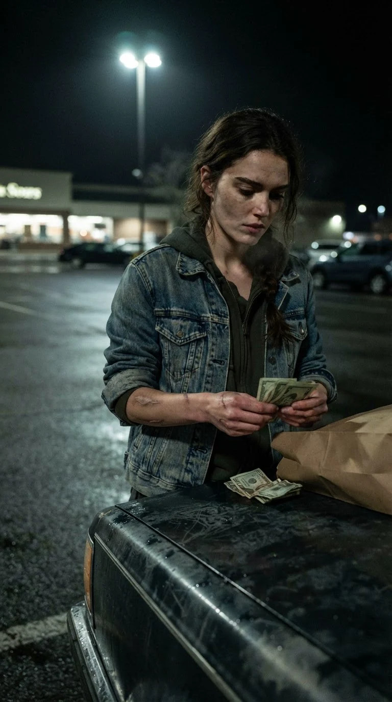 Lainey counts crumpled bills on her car hood outside a dim grocery store at night.