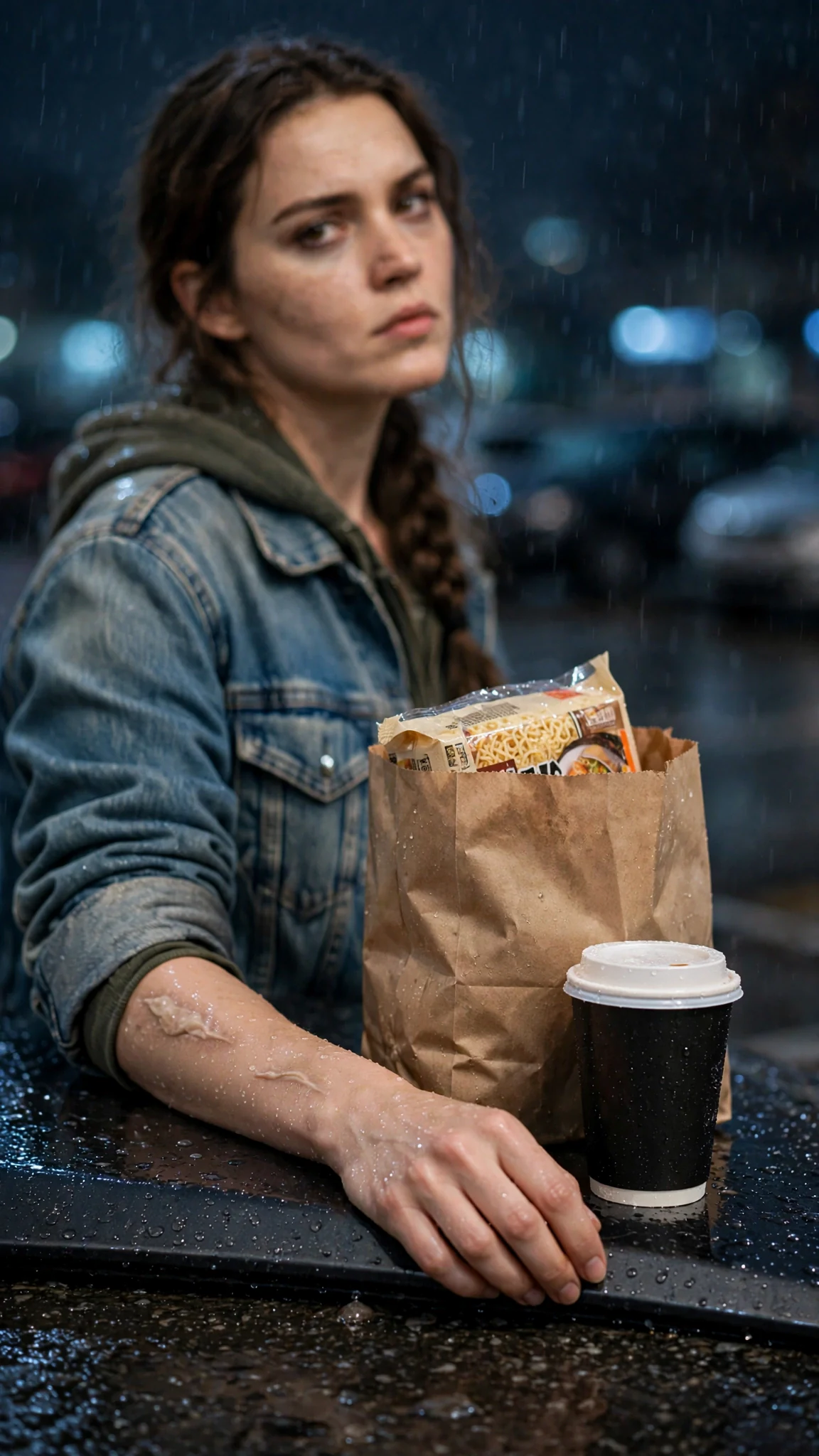 A paper bag of noodles and a cheap coffee cup on a car hood under night light.