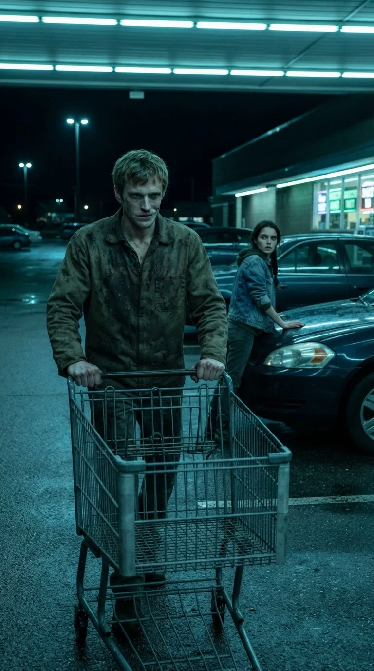 A lean man in a grease-stained work jacket walks up behind Lainey in the parking lot.