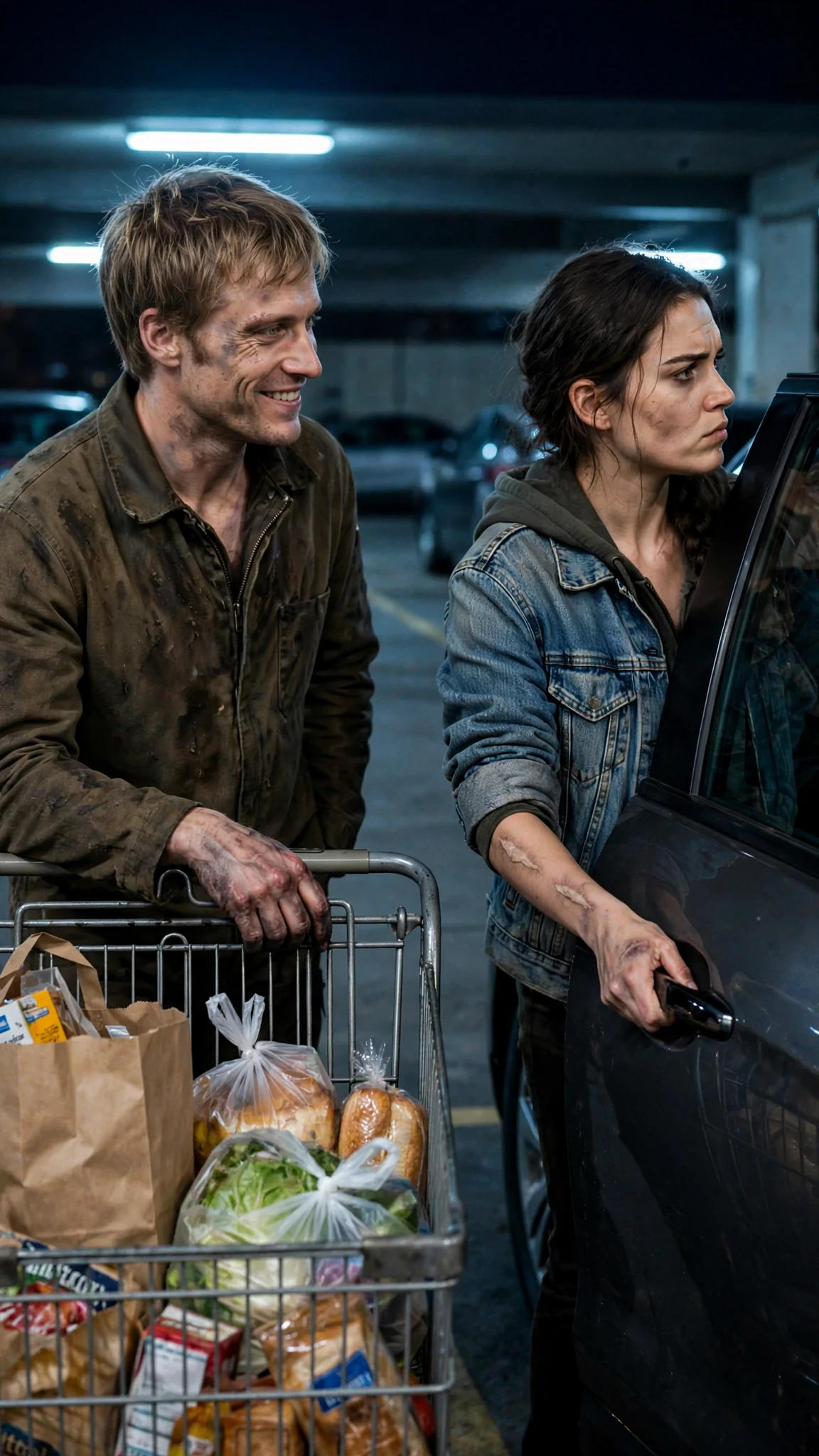 Vernon leans on Lainey's shopping cart, talking, while she keeps one hand on her car door.