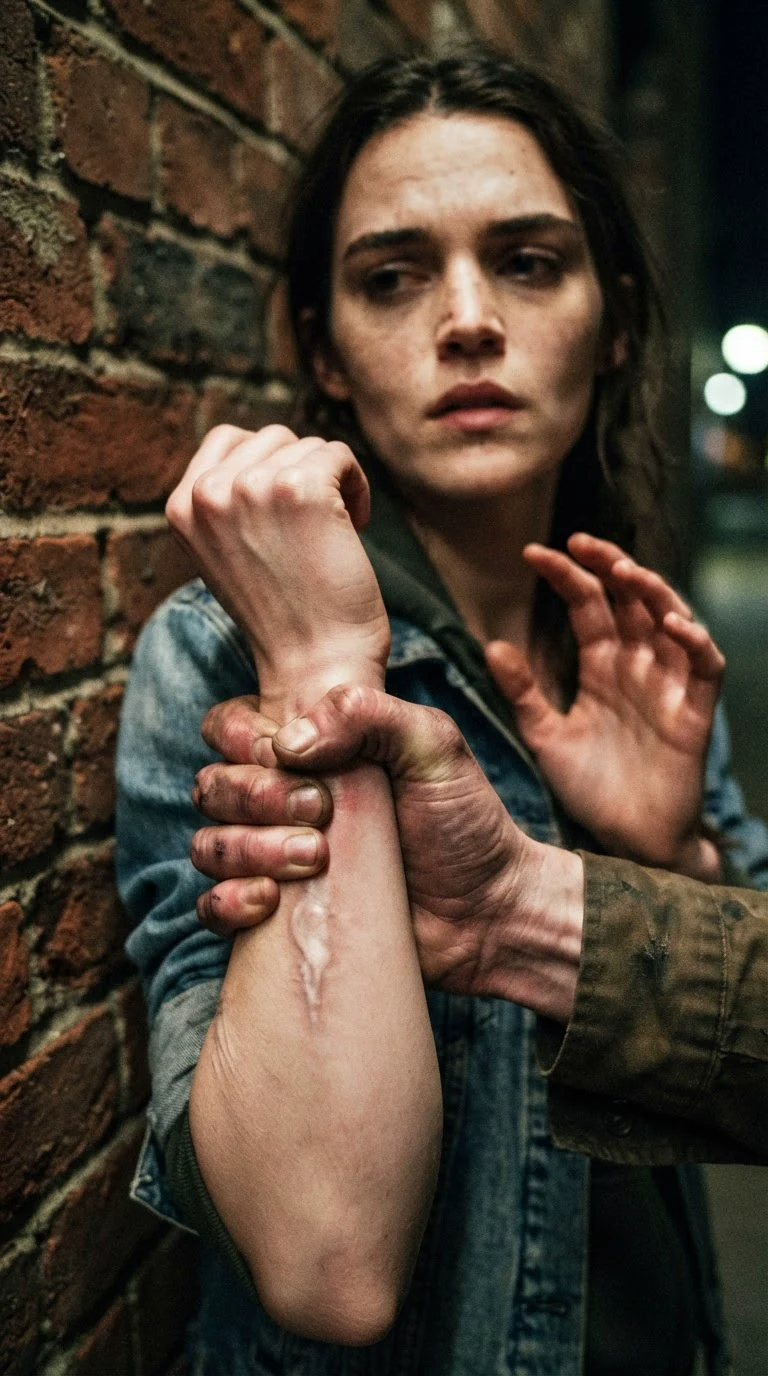 Close on Vernon's fingers digging into Lainey's wrist against the brick, a red mark rising.