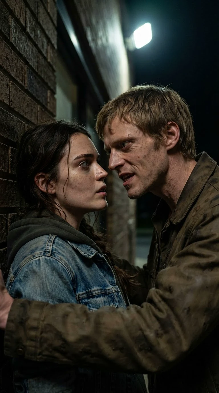 Vernon's face inches from Lainey's, threatening her, her back to the wall.