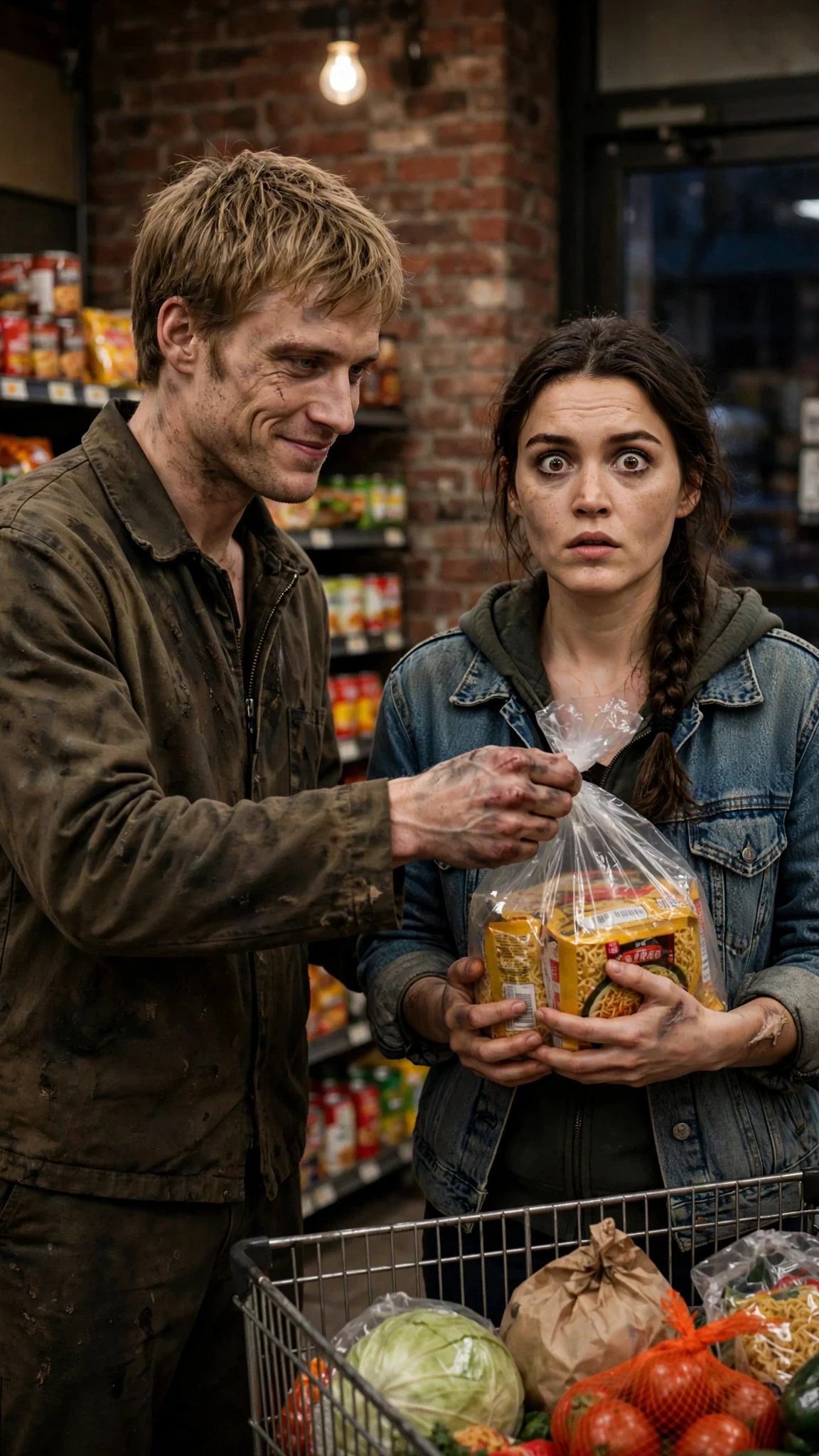 Vernon sets a fallen bag of noodles into Lainey's arms, smirking, before walking away.