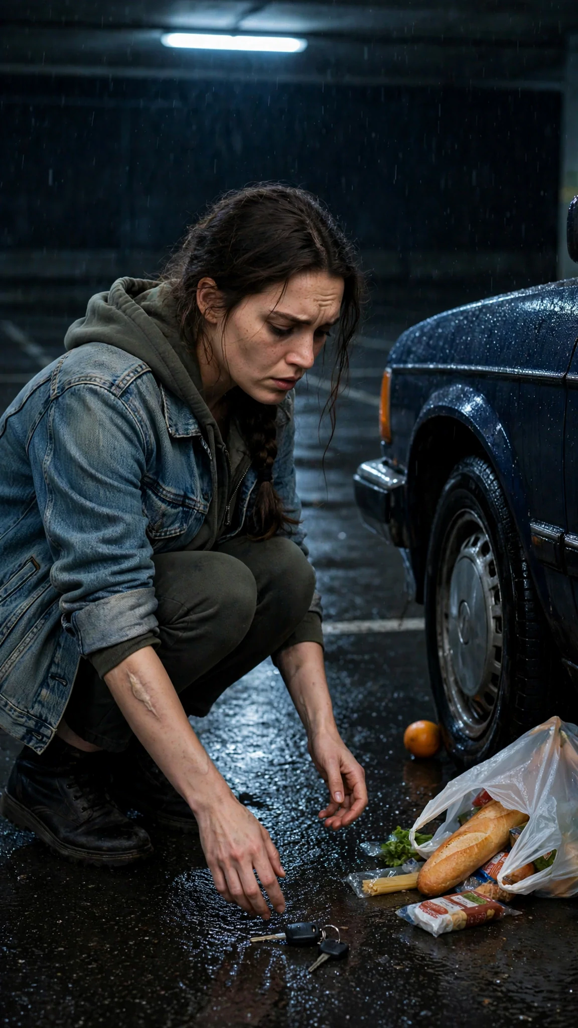 Lainey alone by her car, hands shaking, keys on the ground, an orange rolling under the bumper.