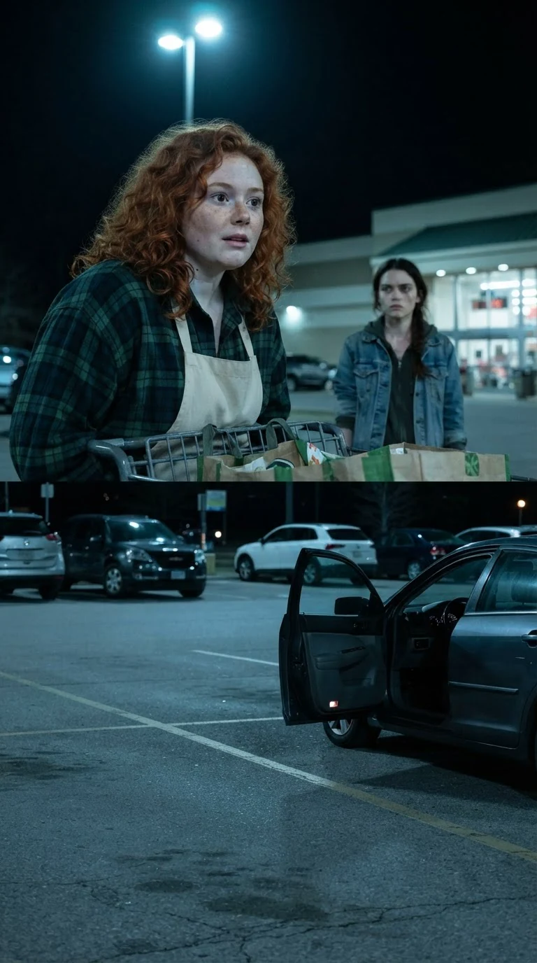 Clover hurries around a shopping cart toward Lainey with her arms full of bags.