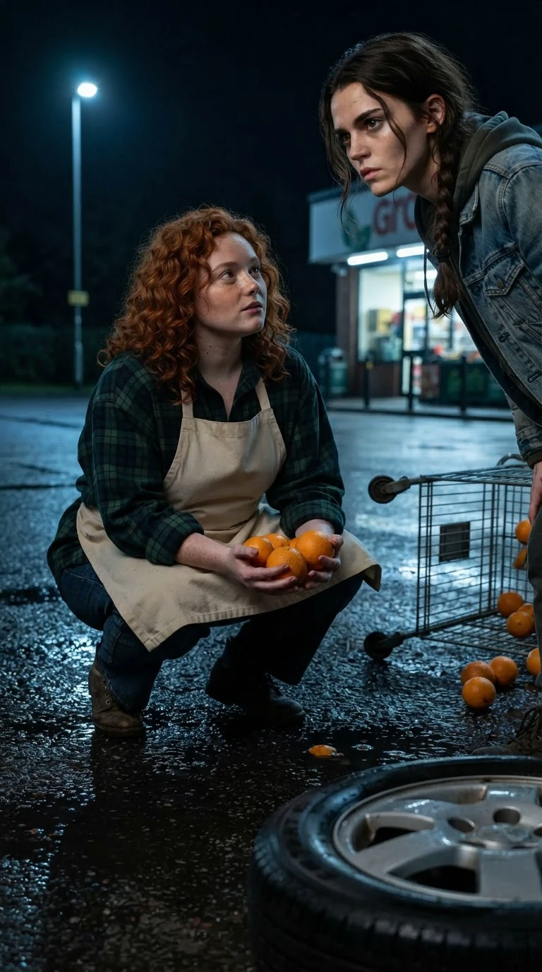 Clover crouches to gather the fallen oranges, looking up at Lainey.