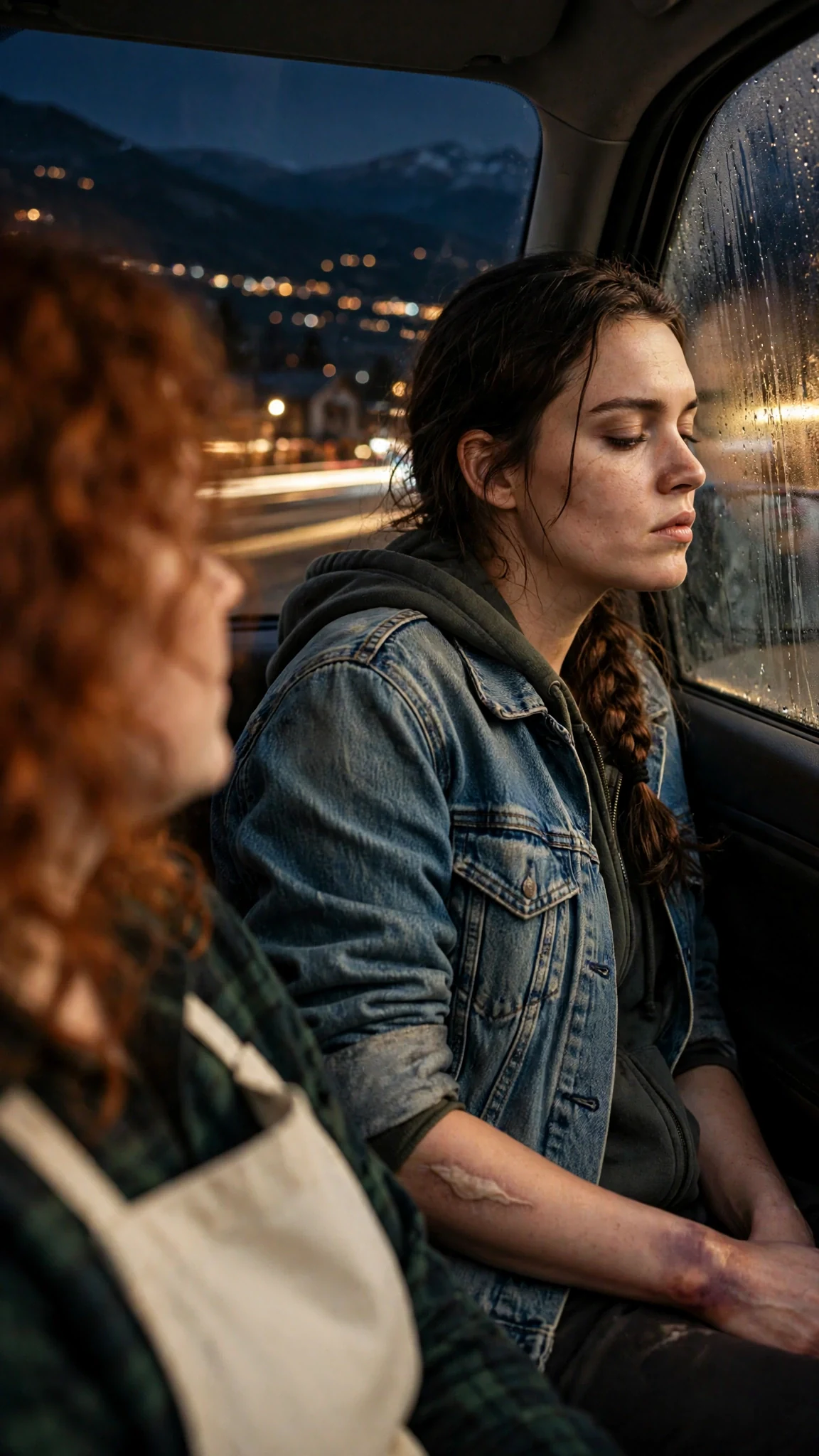 Lainey rides in the passenger seat, watching streetlights slide past the window.