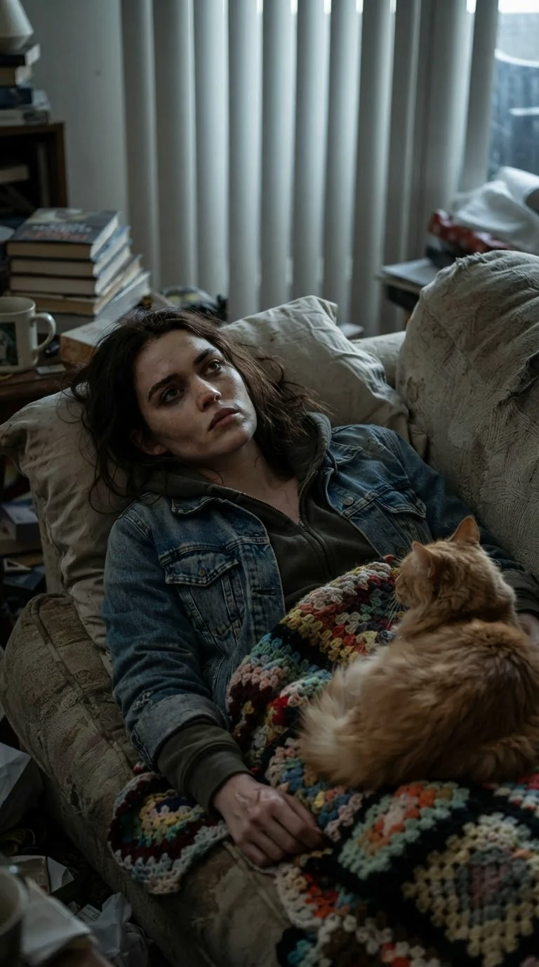 Lainey lies awake on a lumpy couch in a small apartment as gray morning light comes through cheap blinds.