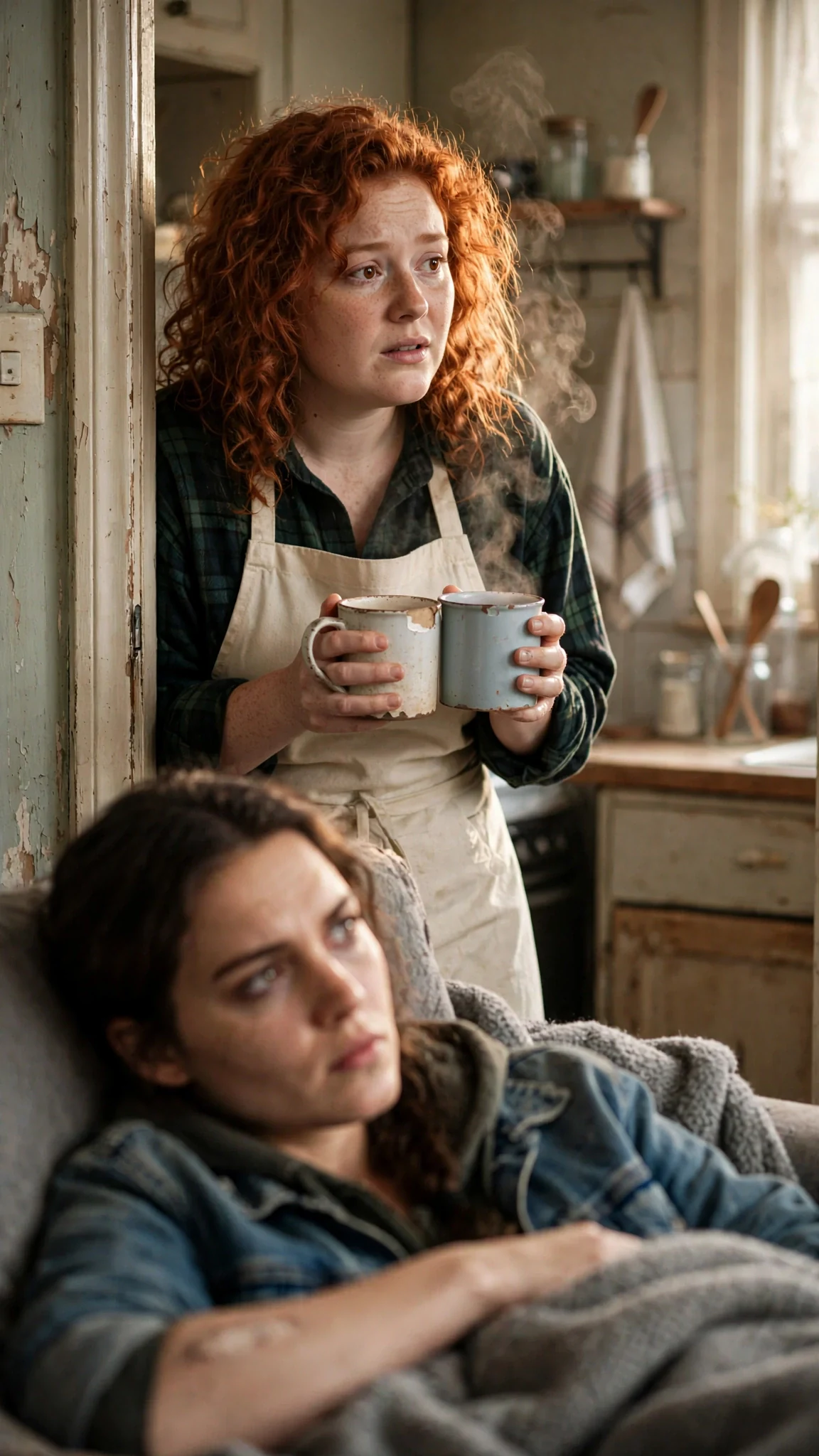 Clover stands in her kitchen doorway holding two mugs, looking at Lainey with warm worry.