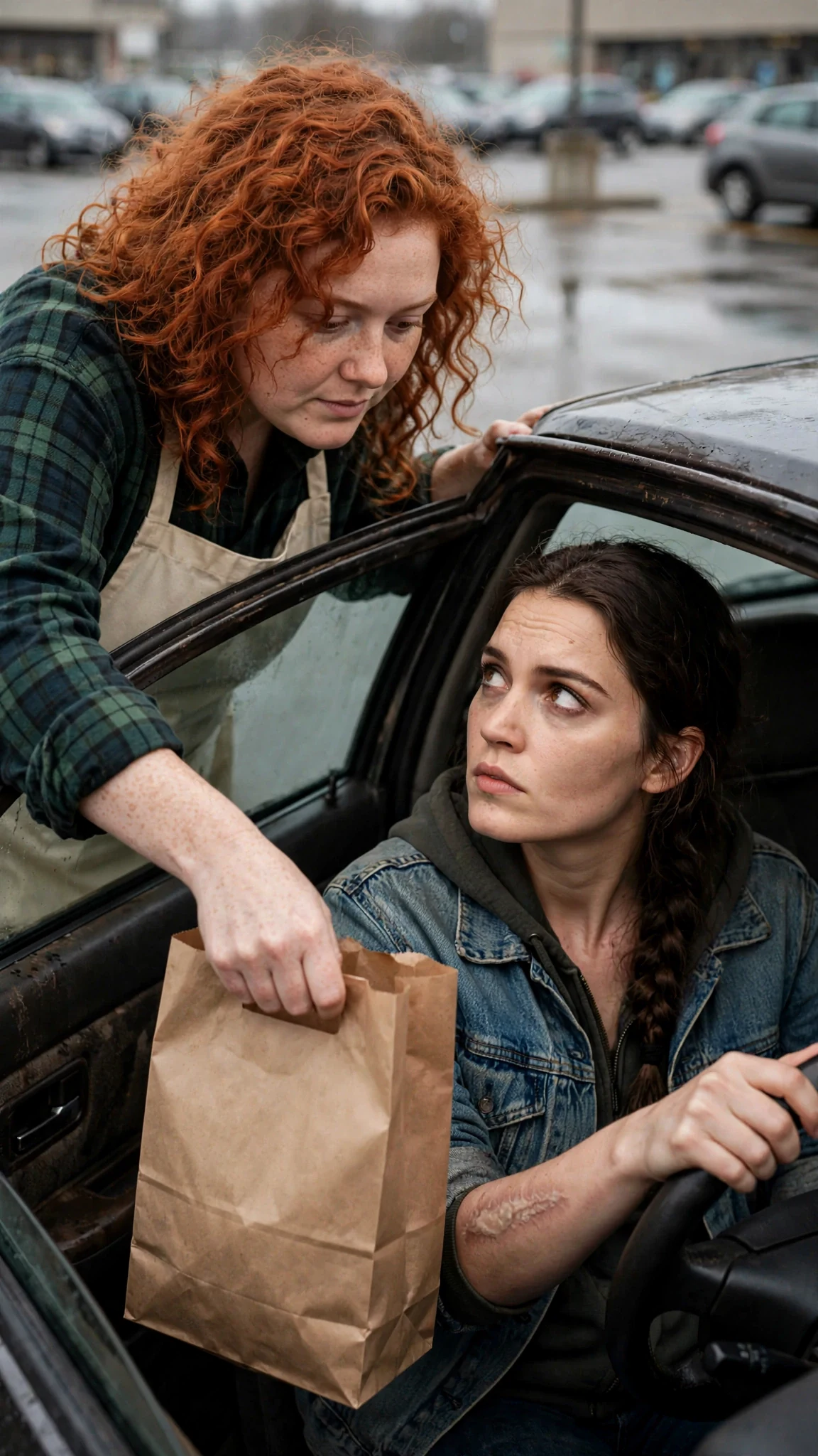 Clover leans into the driver's window of Lainey's old car in a grocery parking lot, handing over a paper bag.