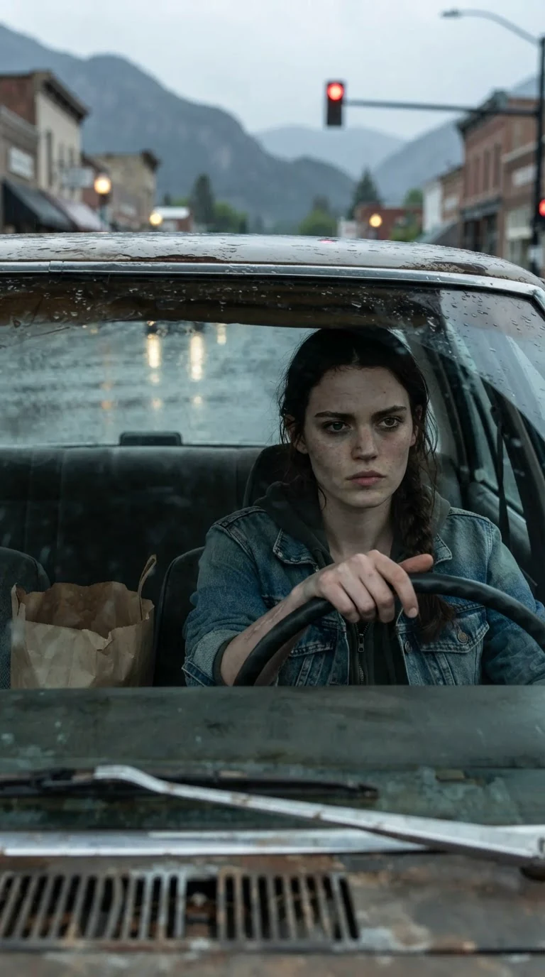 Lainey alone behind the wheel at a stoplight, jaw tight, a paper bag on the passenger seat.
