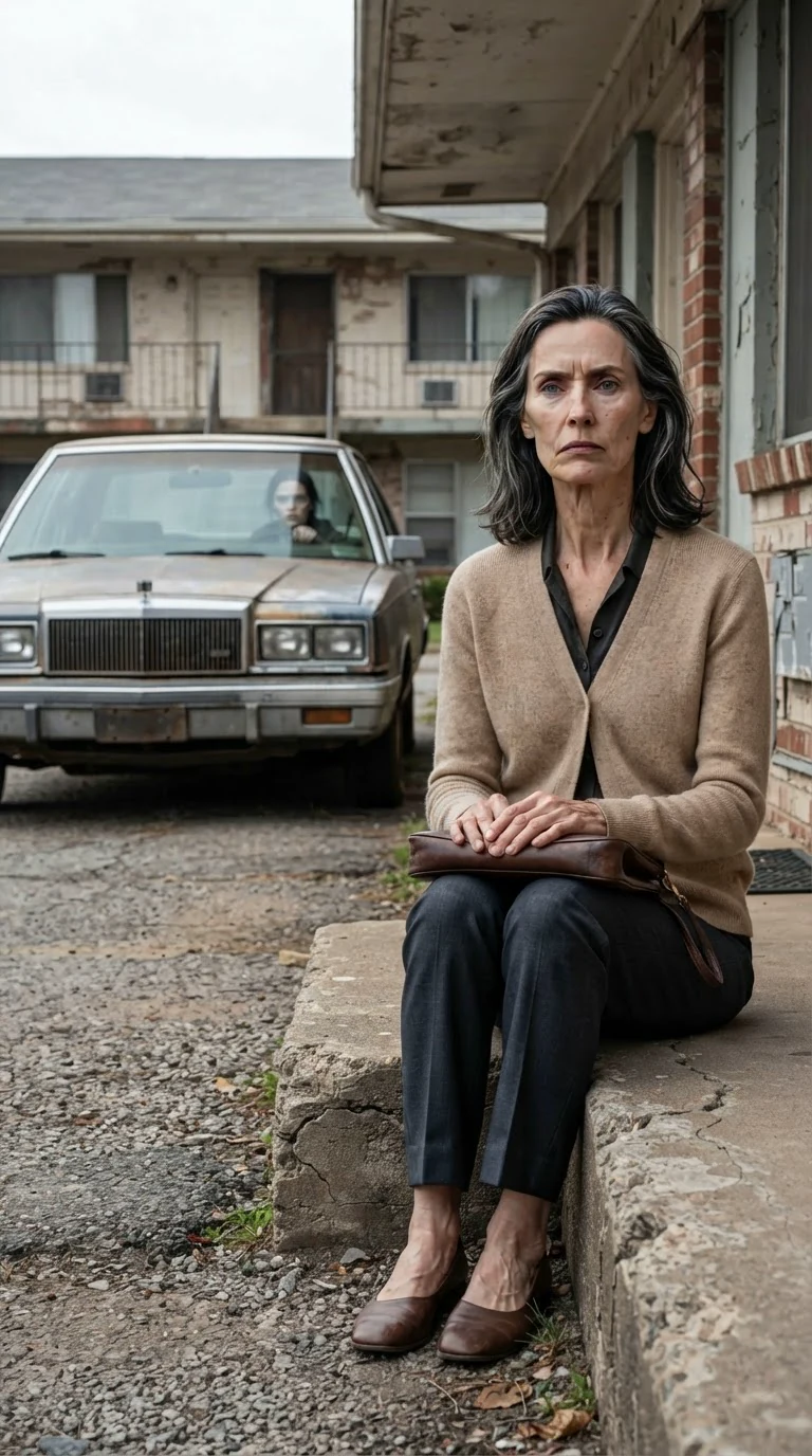 Charlene sits on the front step of Lainey's building with her purse in her lap as Lainey parks.