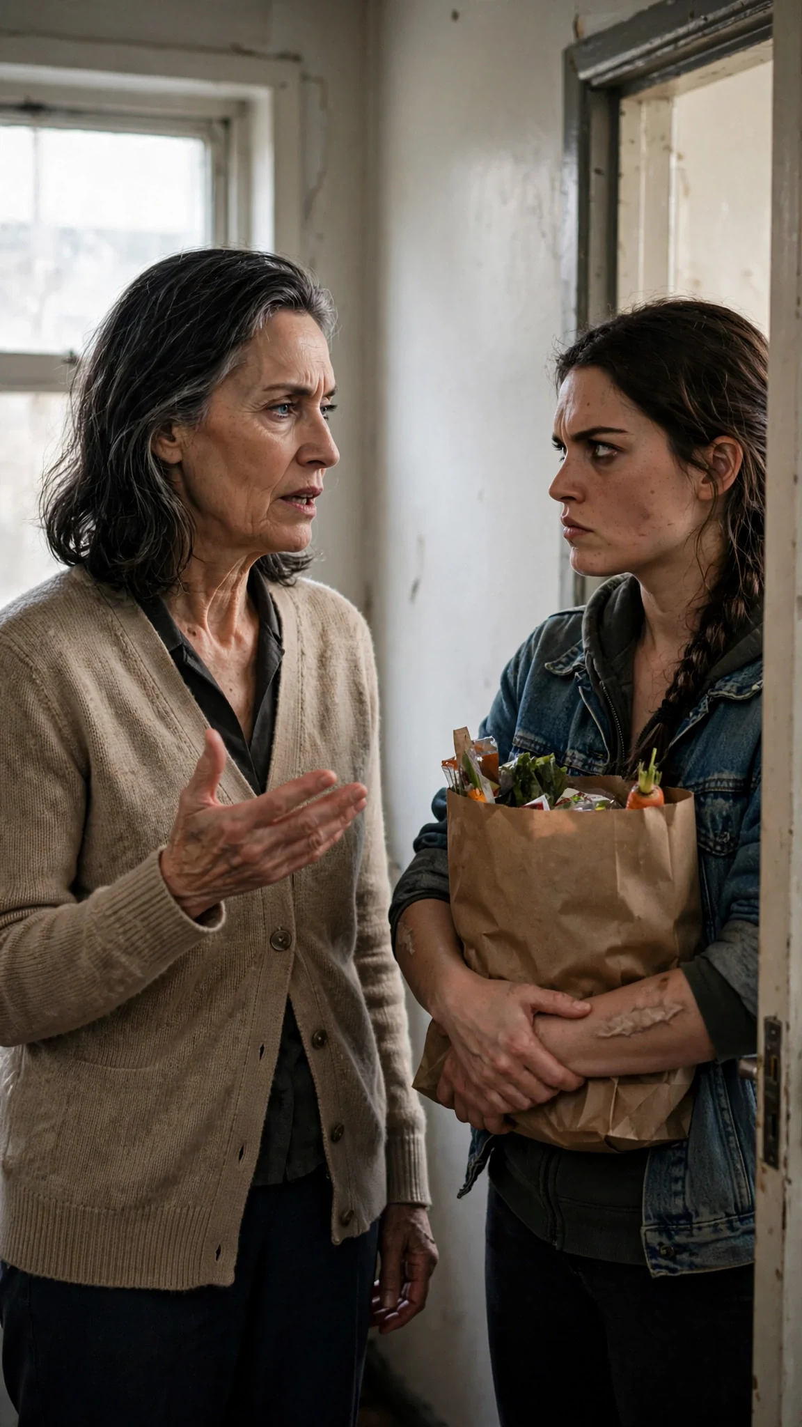 Charlene stands in the middle of Lainey's small apartment, delivering her order while Lainey stands by the door.