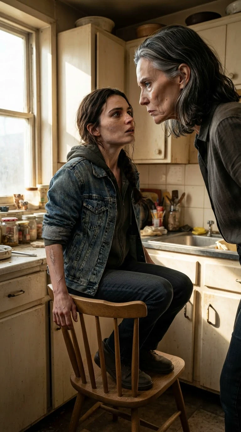 Charlene stands over Lainey, who is sinking down into a kitchen chair against her will.