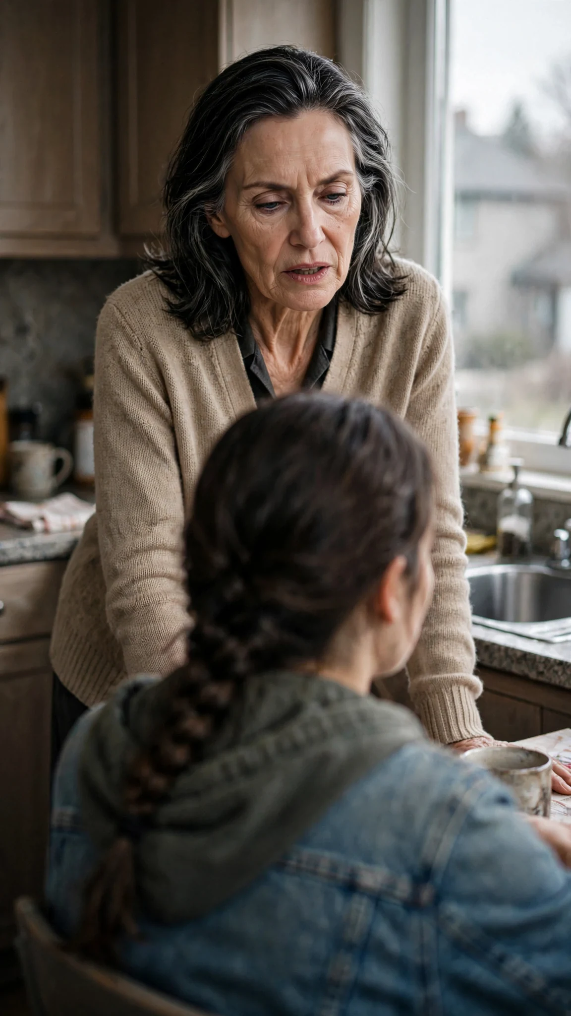 Charlene speaks quietly in the kitchen, Lainey rigid in the foreground chair.