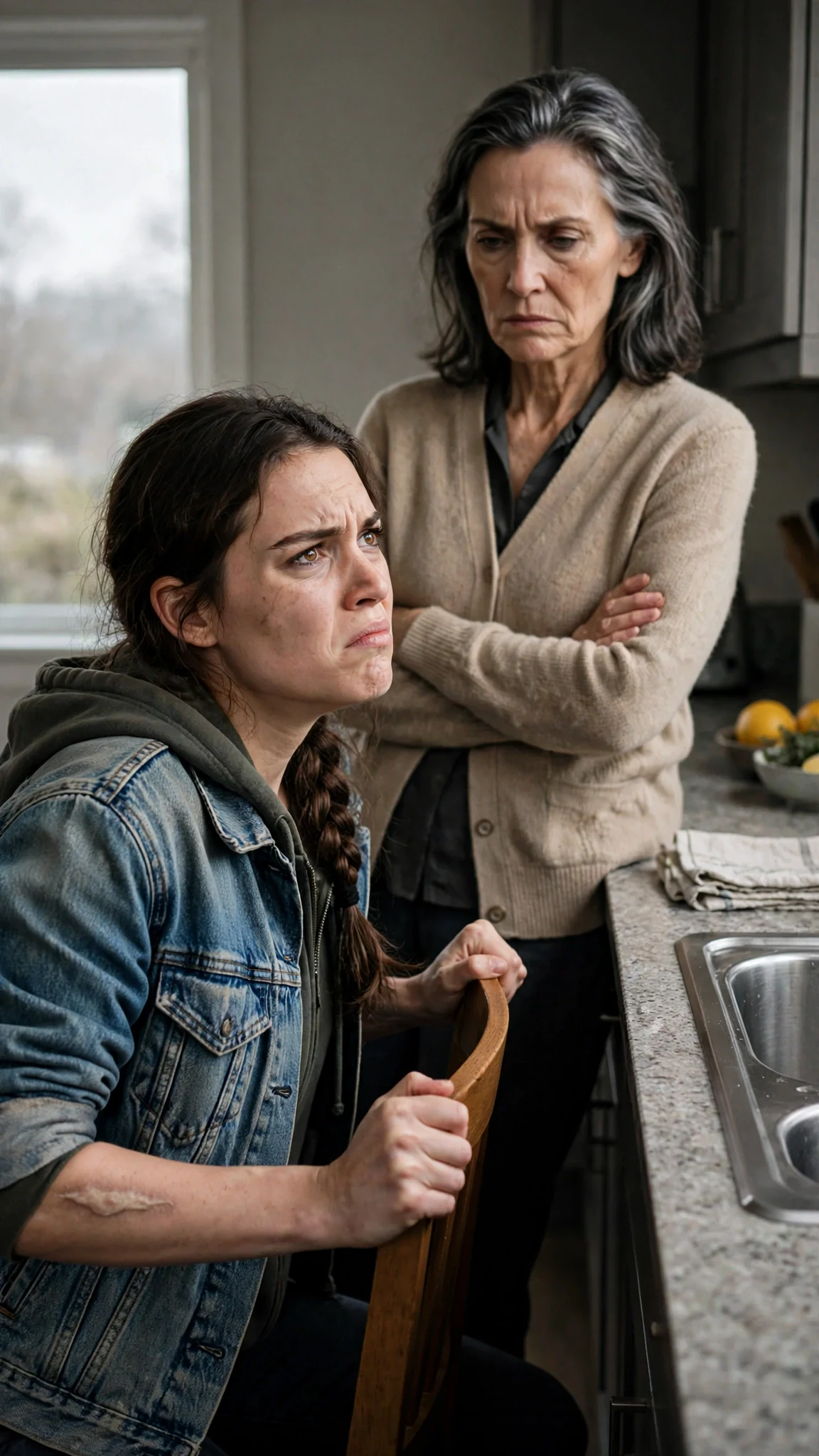 Lainey grips the chair arm as feeling returns, facing her mother.