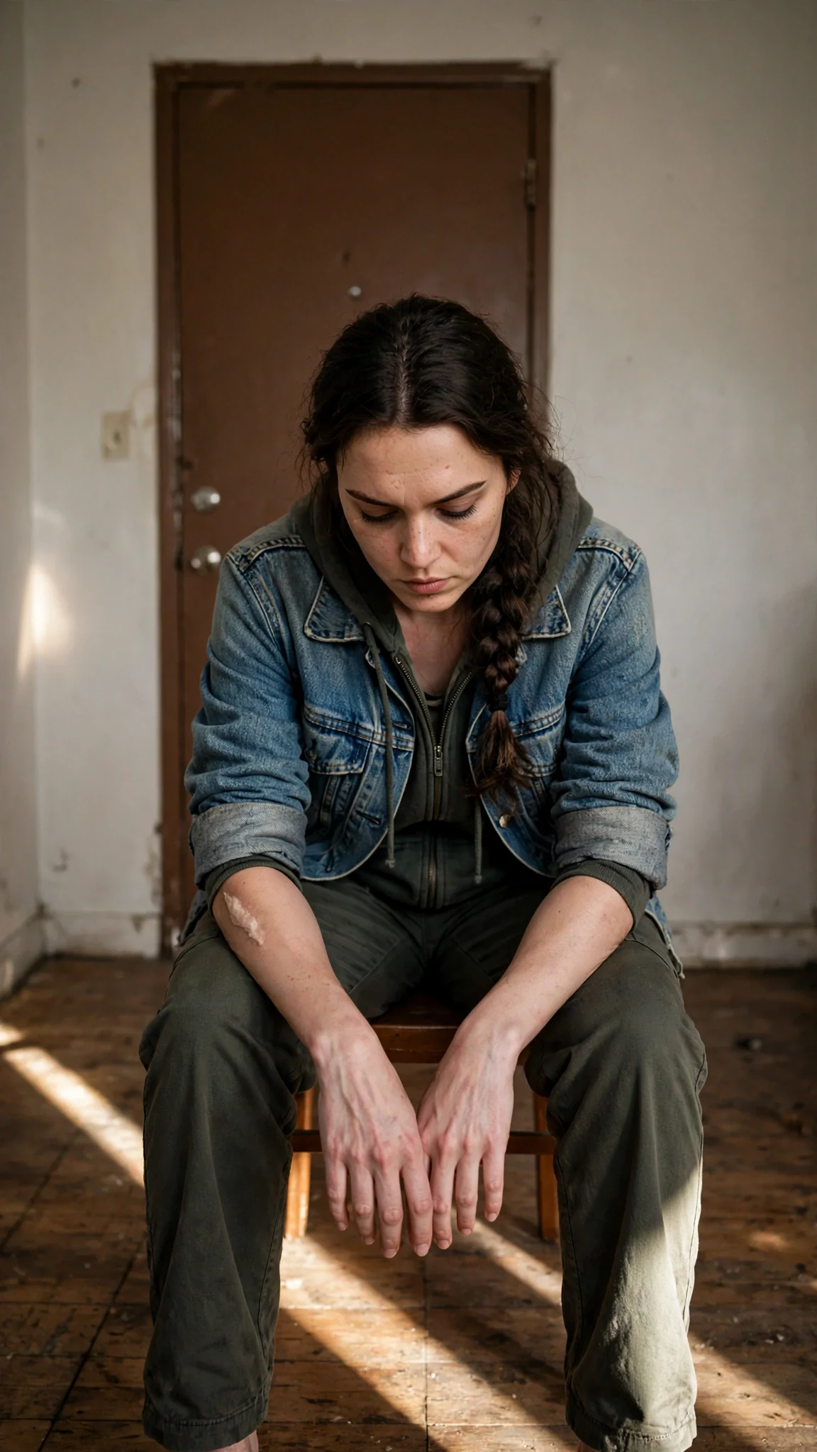 Lainey sits alone in the kitchen after the door closes, head down.