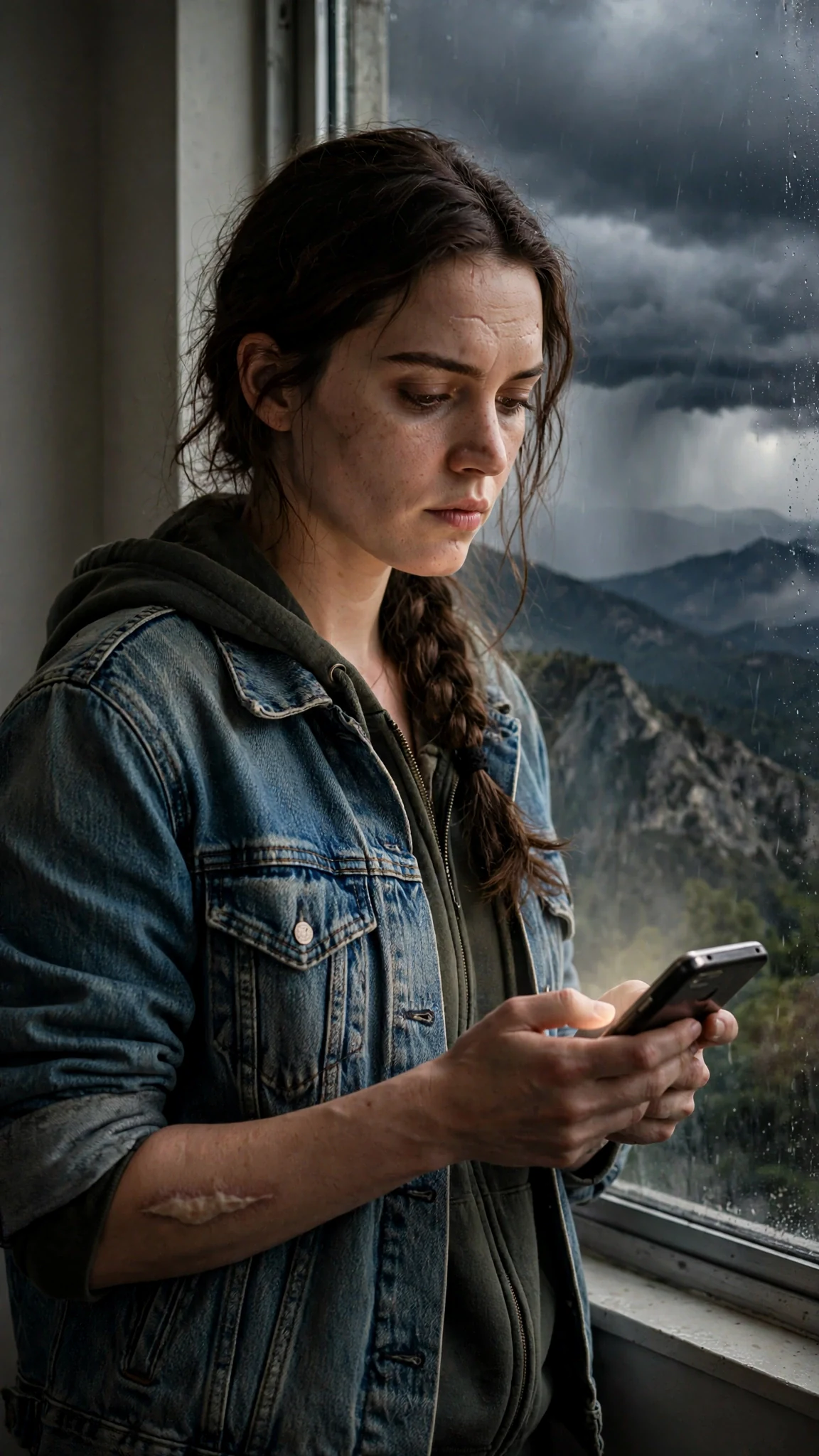 Lainey holds her phone by the window, dark clouds stacking over the ridge outside.