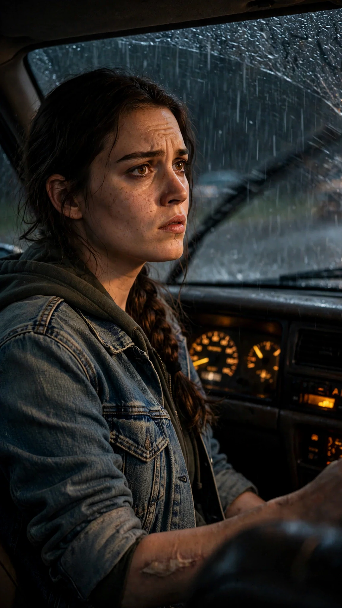 Lainey drives through hard rain at night, gripping the wheel, wipers smearing the dark.