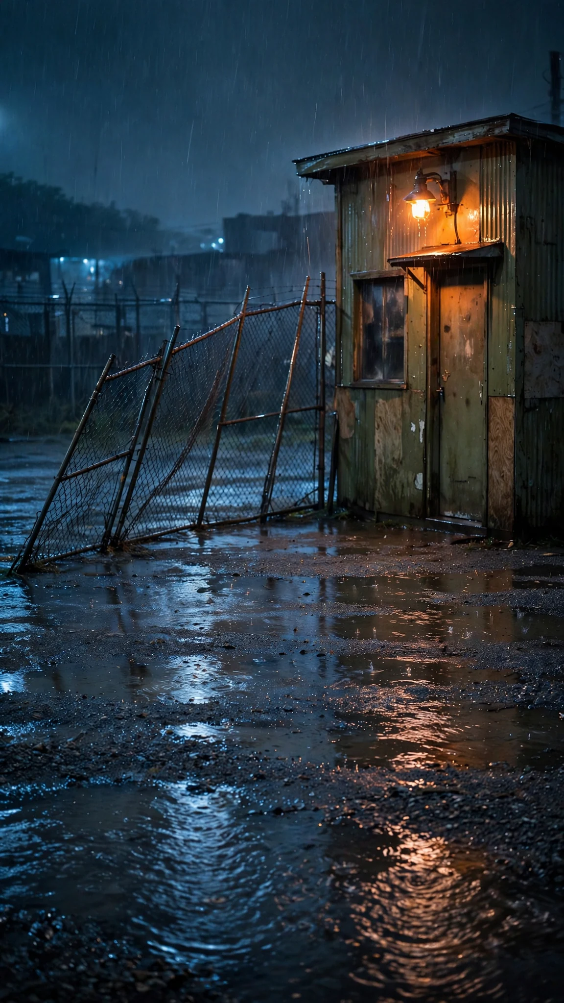 The impound lot office at night under pouring rain, gravel flooded, one lamp flickering.
