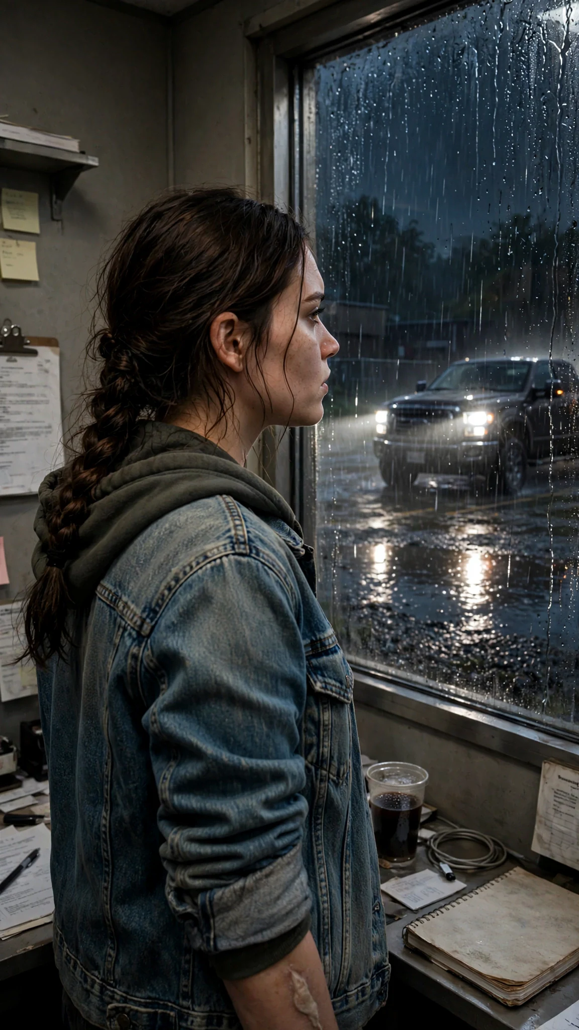 From inside the office, headlights sweep across the flooded gravel and a truck pulls up.