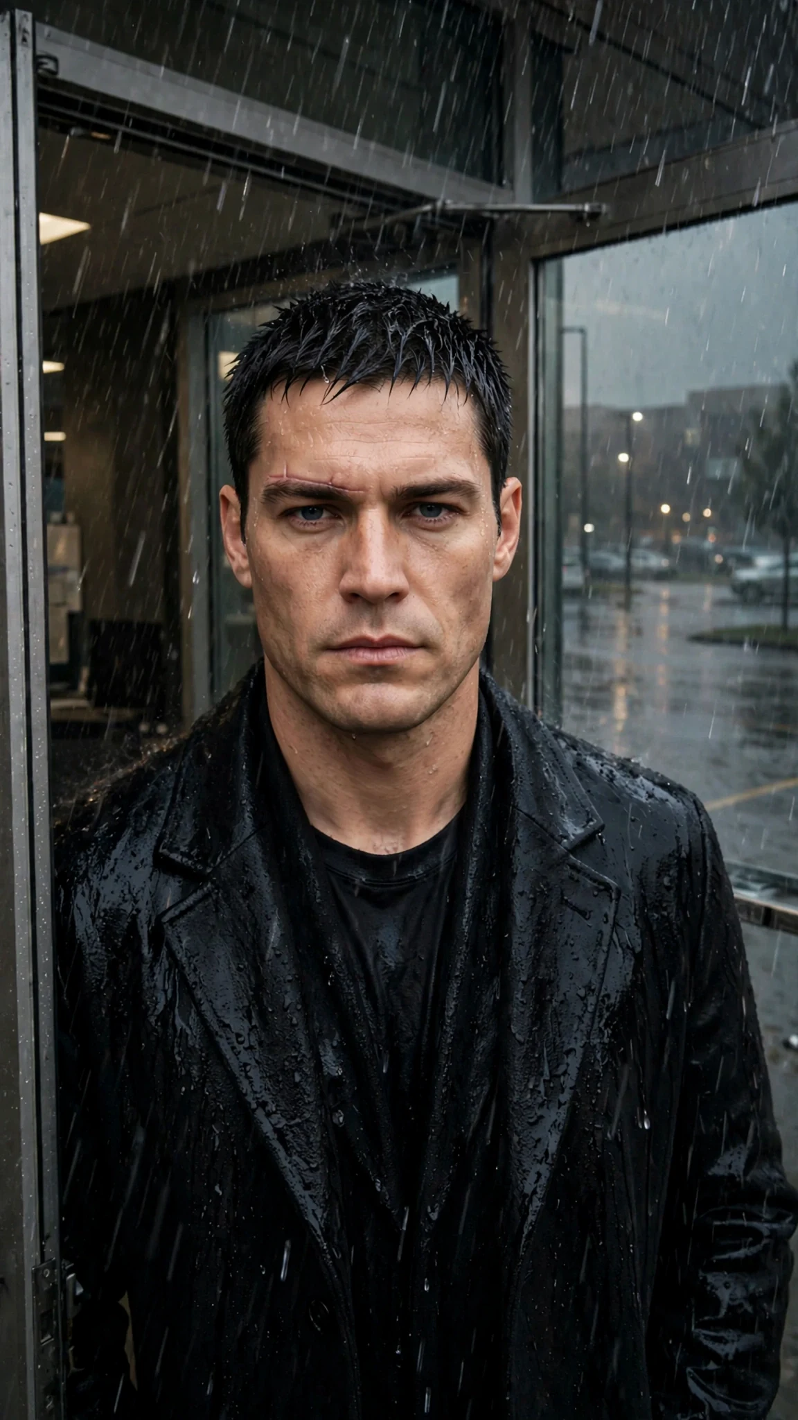 Axton stands in the open doorway, black coat soaked, rain blowing in behind him.