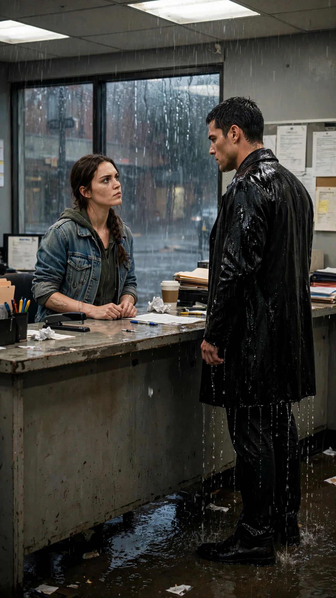 Lainey faces Axton across the counter, chin up, water dripping off his coat.