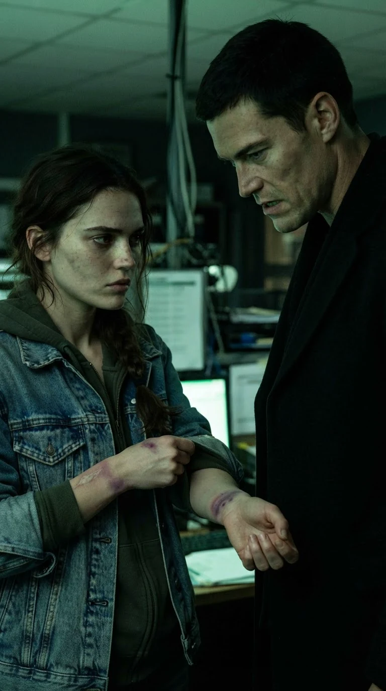 In dim light, Axton's eyes drop to the purple ring on Lainey's wrist as she pulls her cuff down.
