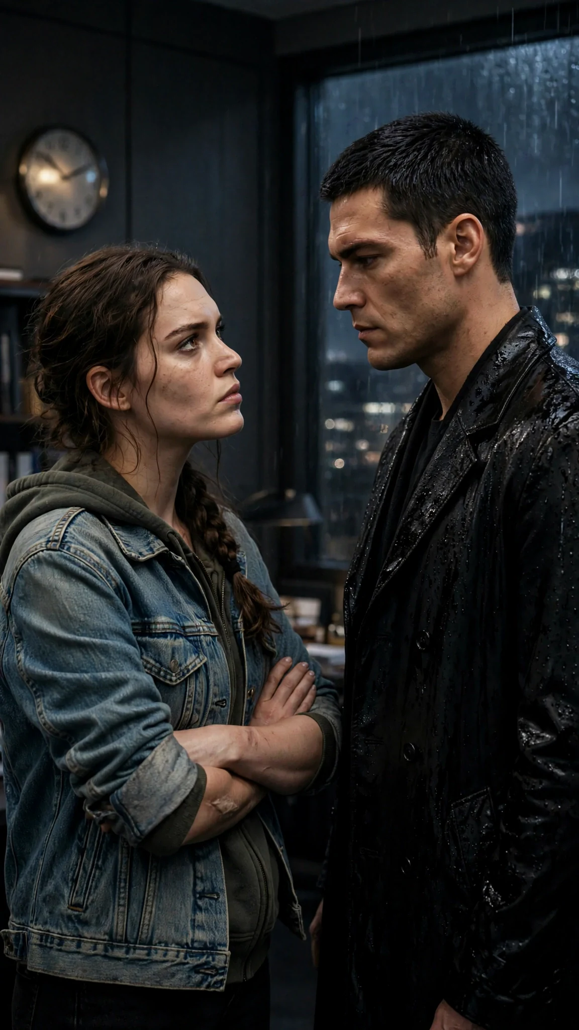 Lainey looks up at Axton, arms crossed, defiant in the gloom.