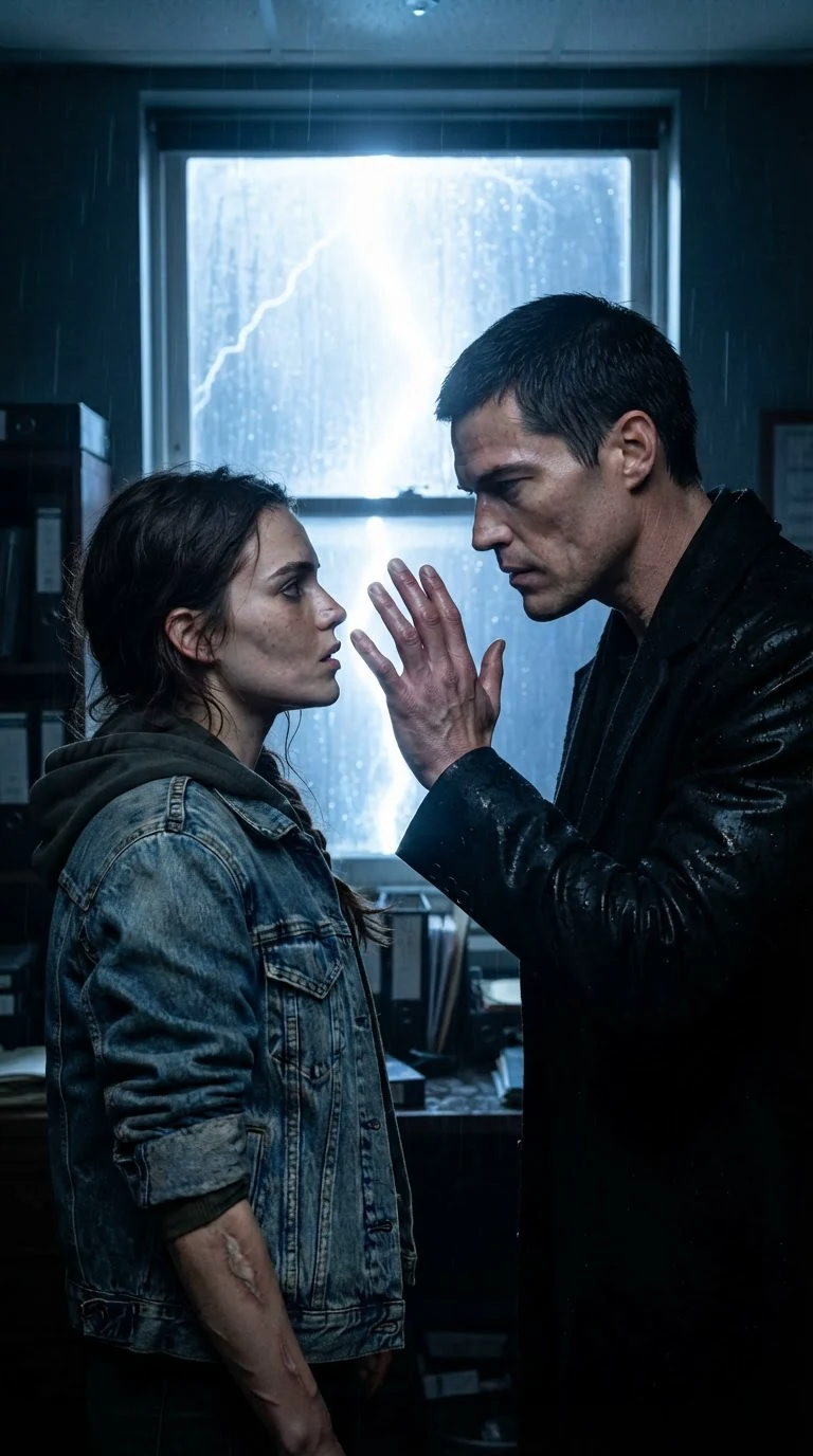 Lightning whites out the window as Axton's hand lifts, stopped just short of Lainey's cheek.