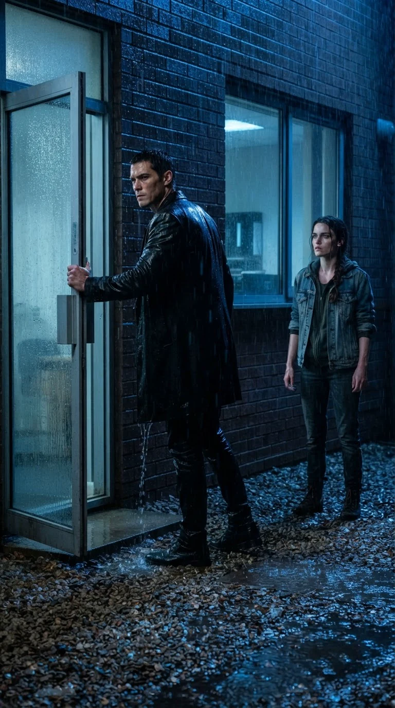 Axton holds the office door open, rain blowing sideways past him, back half turned.