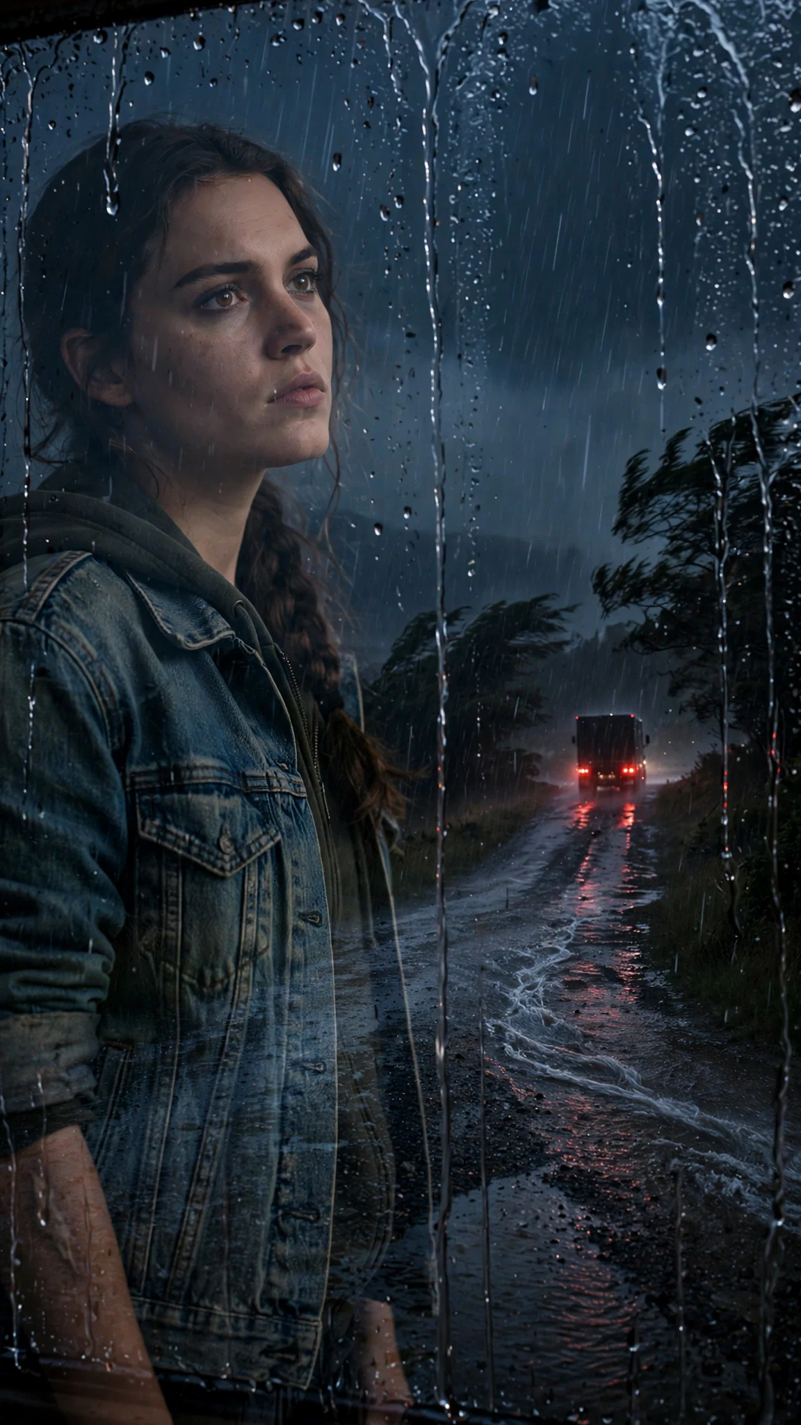Red taillights crawl away down the flooded hill through the rain.