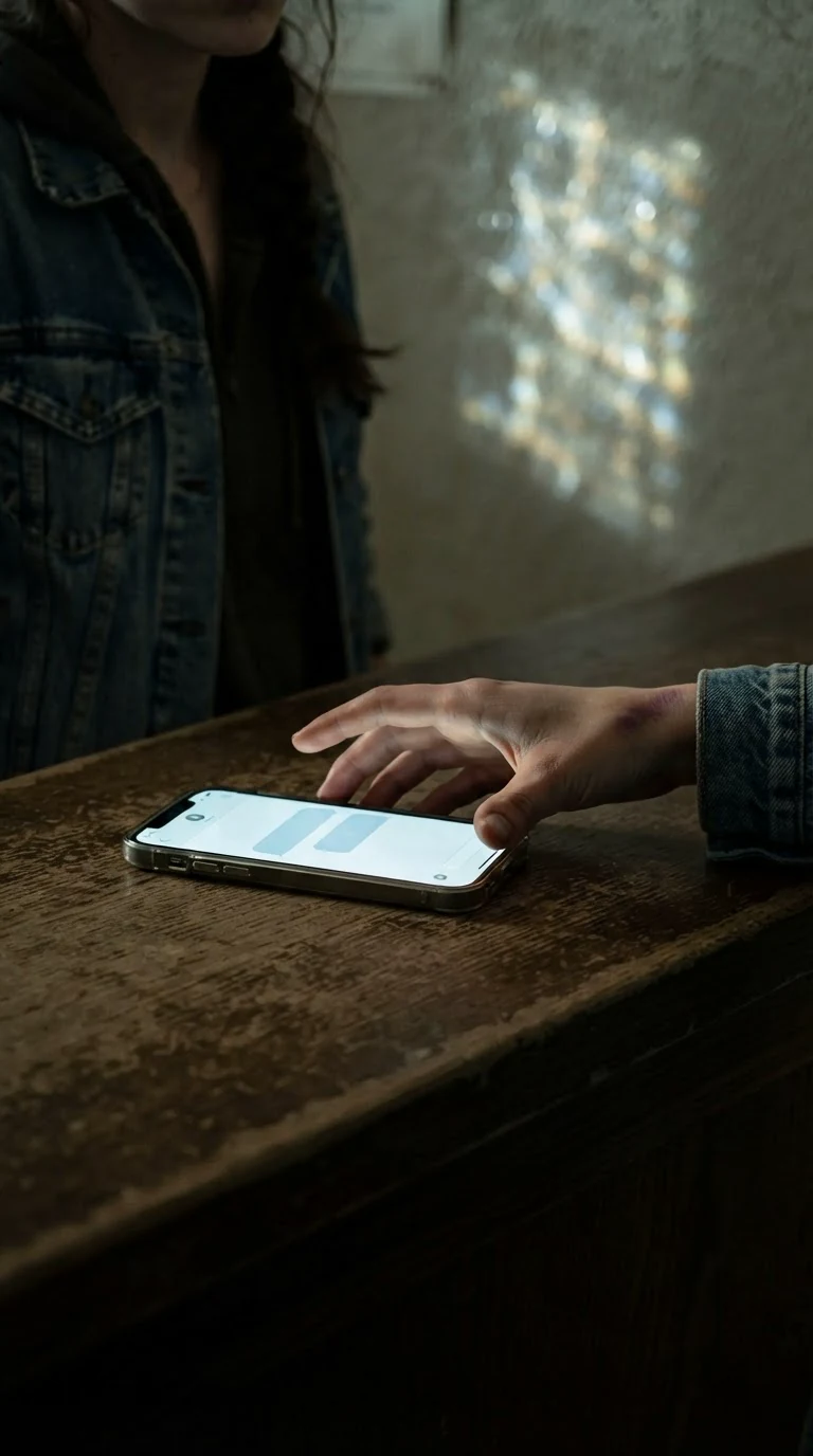 Lainey's phone lights up on the counter, message bubbles glowing, her hand beside it.