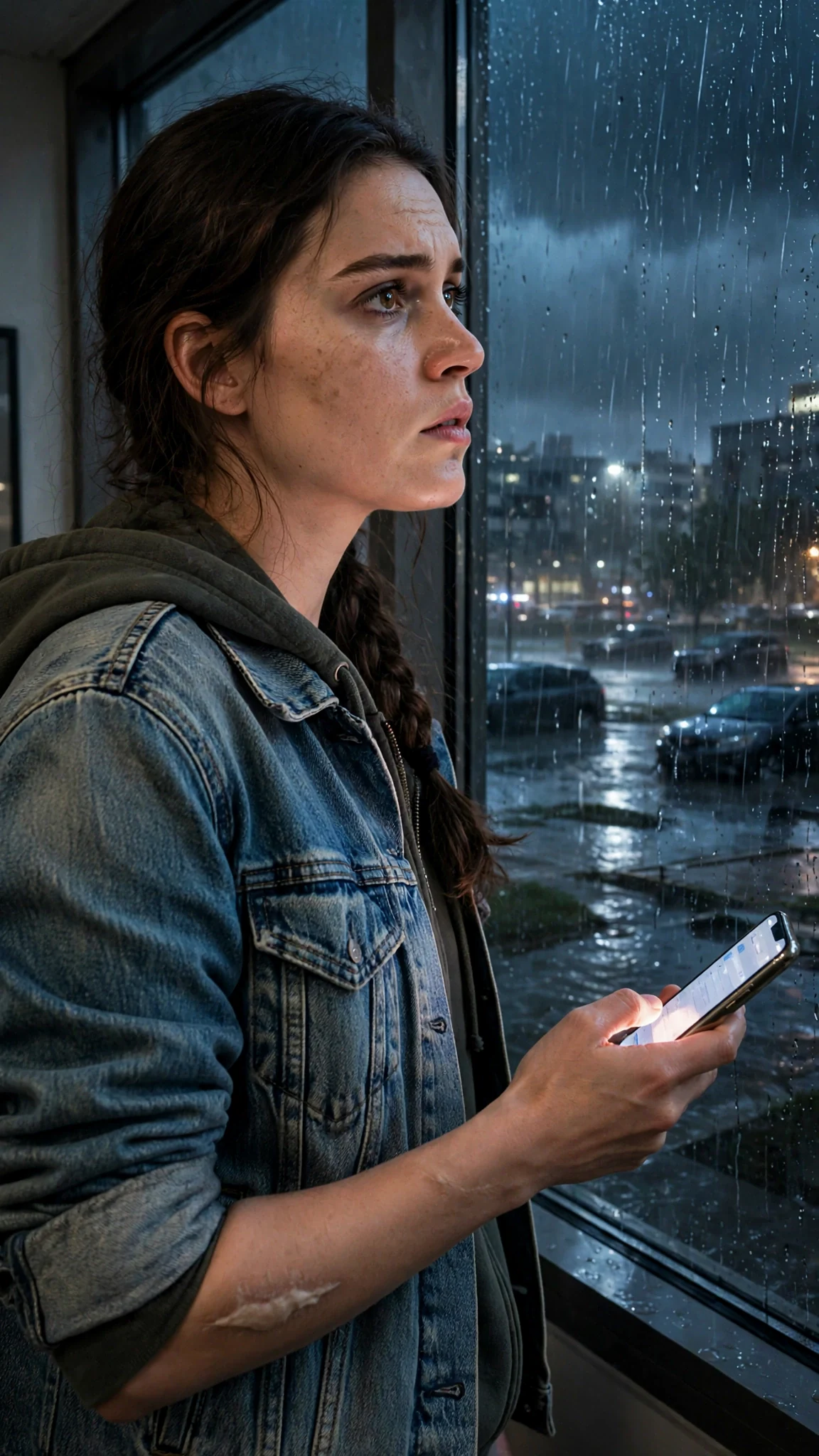 Lainey stands at the rain-streaked glass, phone glowing in her hand, storm light on her face.