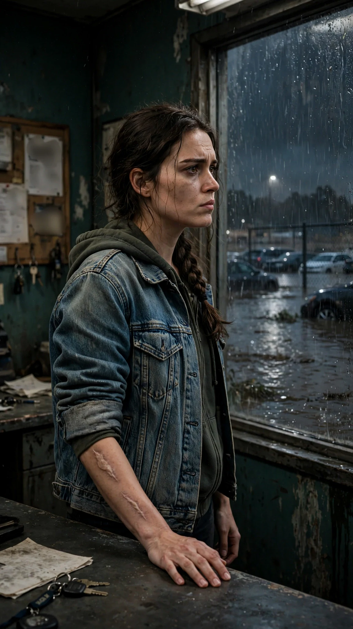 Lainey alone in the dark office, one hand on the counter, staring out at the storm.