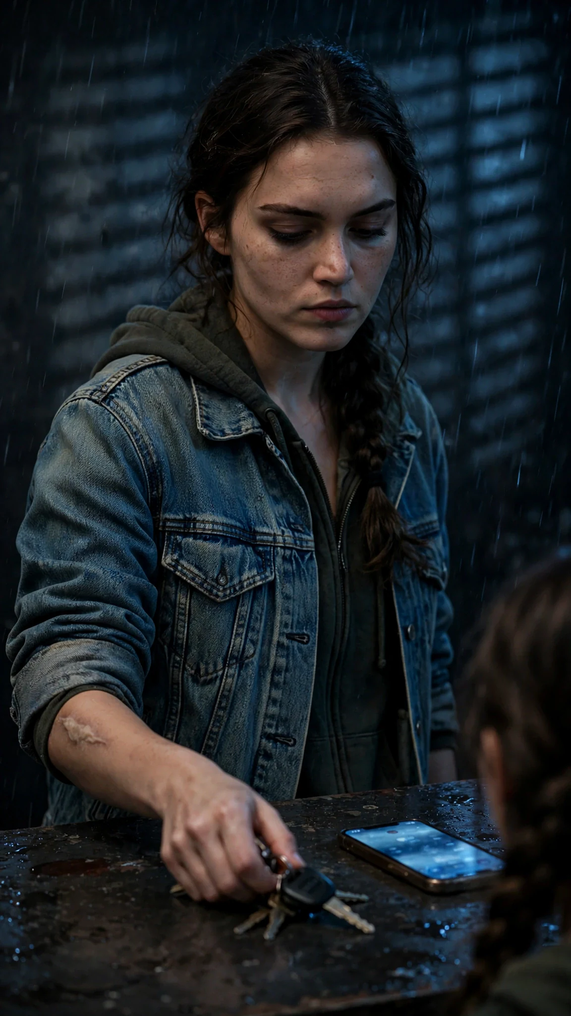 Lainey's hand closes around cold car keys beside the glowing phone.