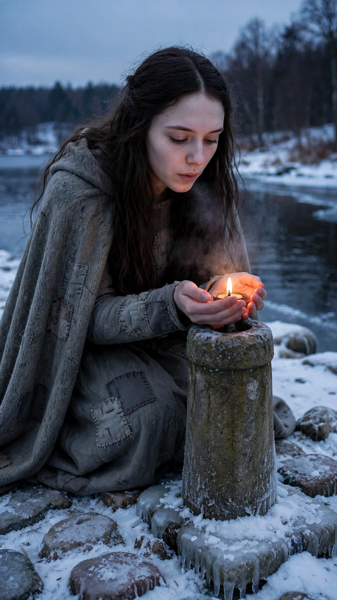 A young woman in a worn cloak kneels on an icy stone causeway at dusk, cupping a lamp wick.
