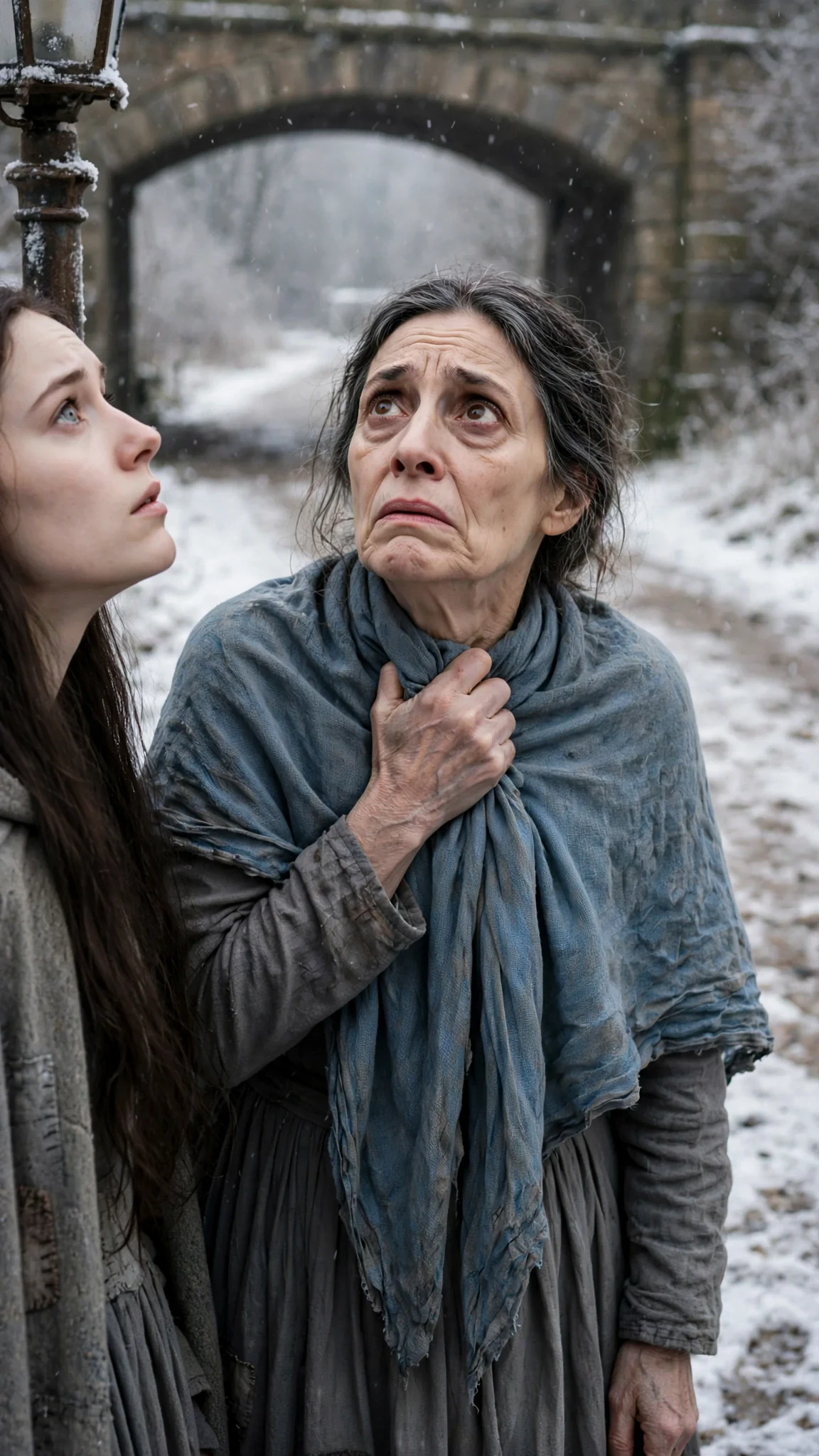 A thin, tired older woman in a blue shawl hisses a warning from the snowy path.