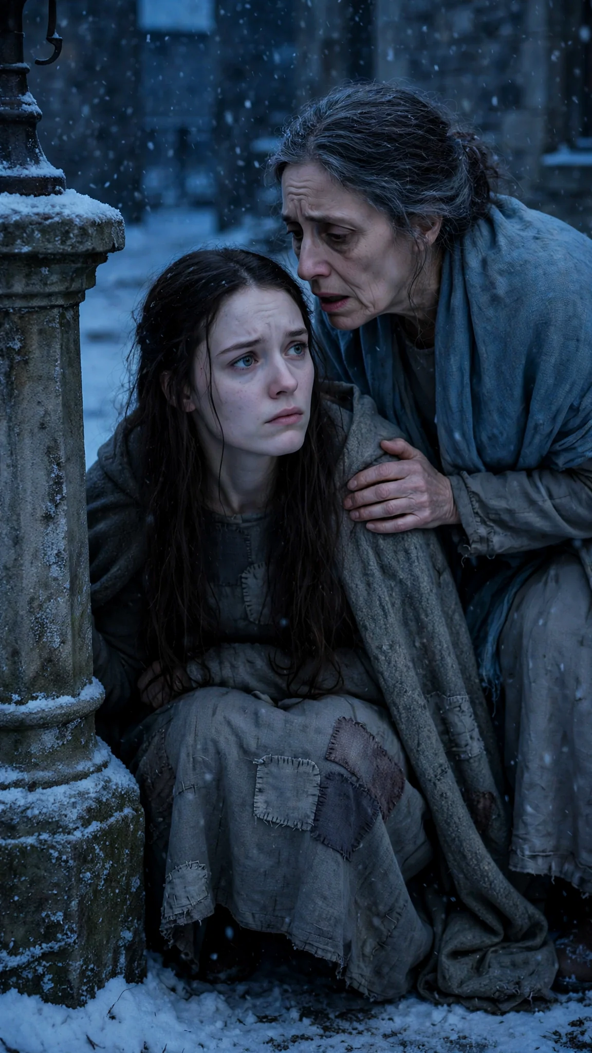 The young woman crouches behind the lamp post as her mother speaks close to her ear.
