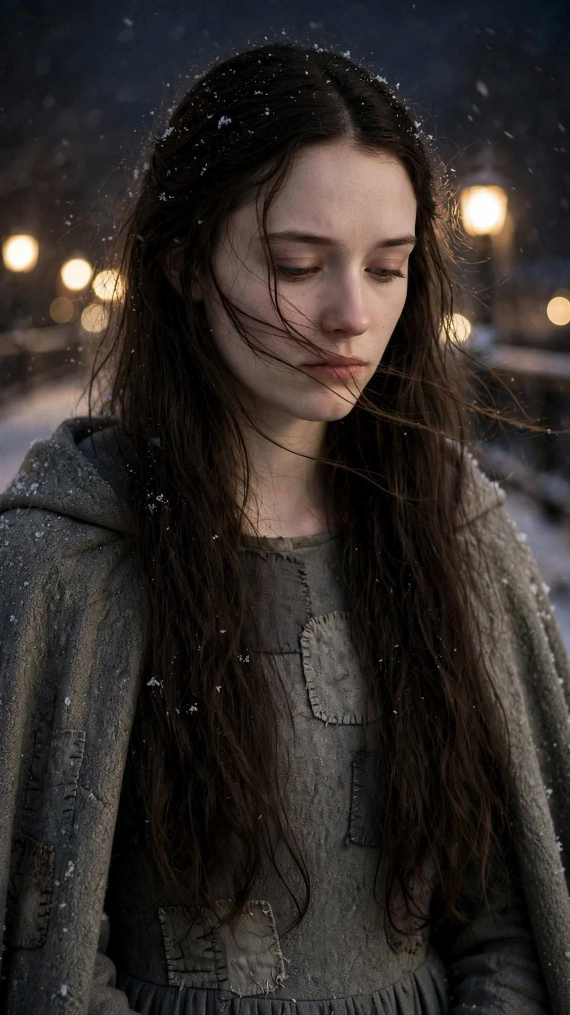 Close view of the young woman's face, jaw set, as wind blows snow past her.