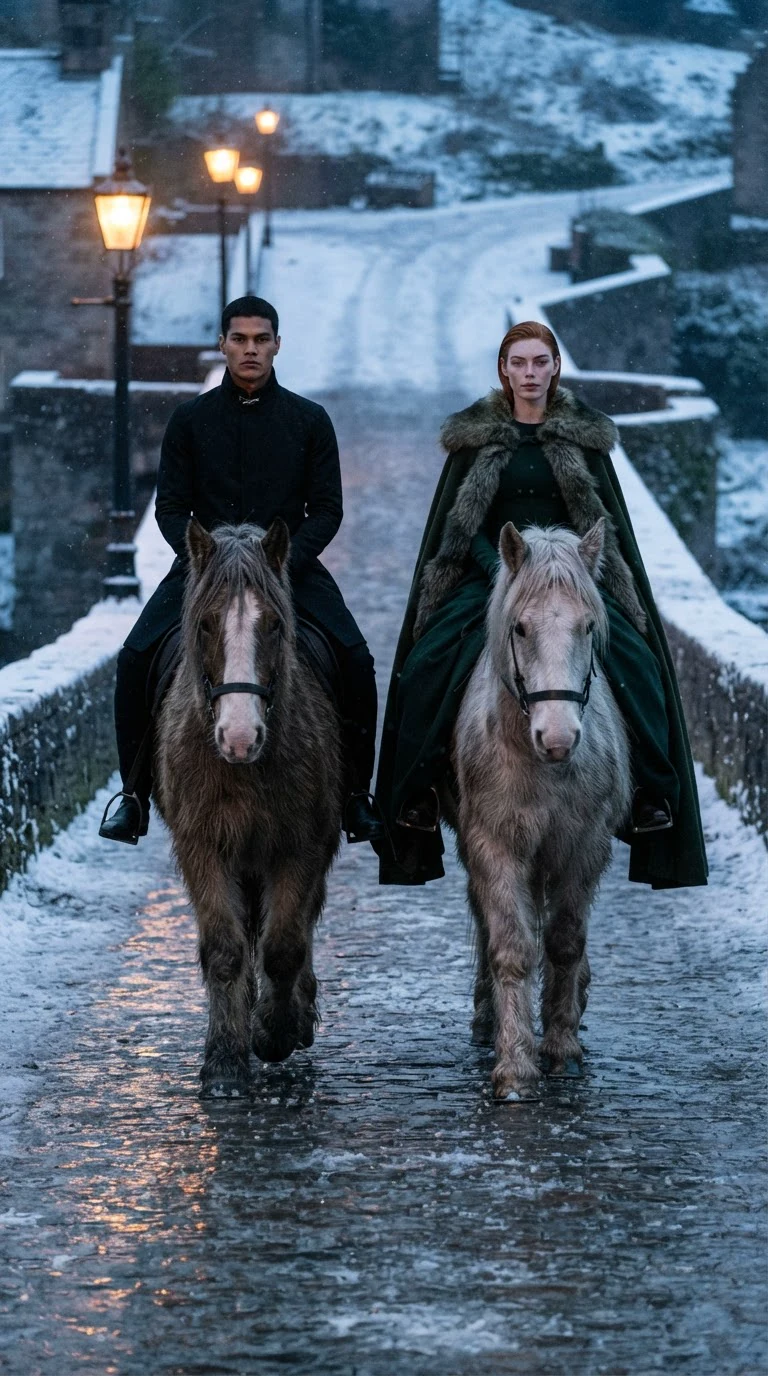 Two riders come up the lamp-lit causeway, a broad-shouldered man in a black coat and a copper-haired woman in green.