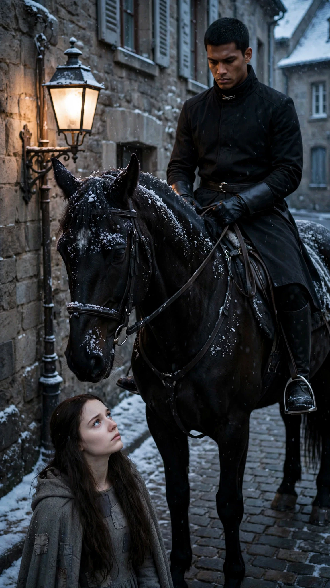 The man on horseback looks down at the crouching woman with cold disdain.