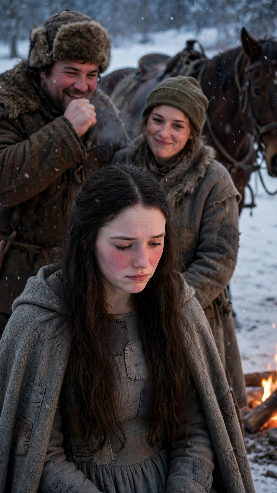 A group of pack members on the path laugh behind their hands while the young woman stares at the ground.