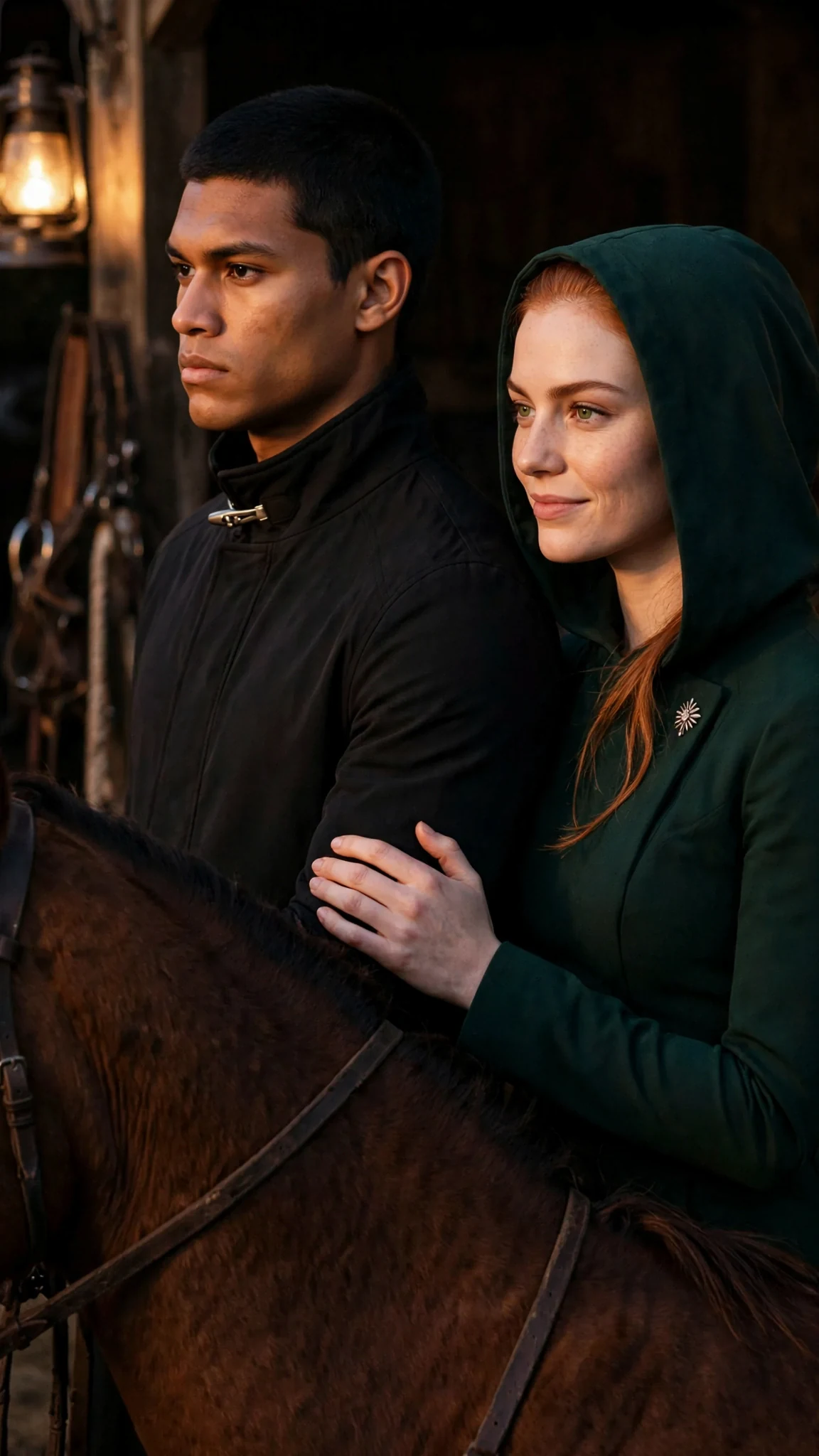 The copper-haired woman leans from her horse, smiling gently at the man beside her.