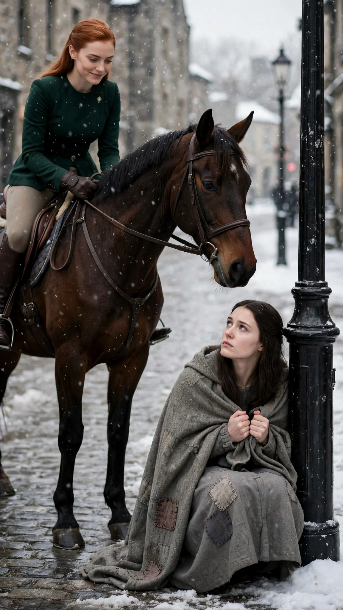 The copper-haired woman looks down at the kneeling woman with a pleasant, measured smile.