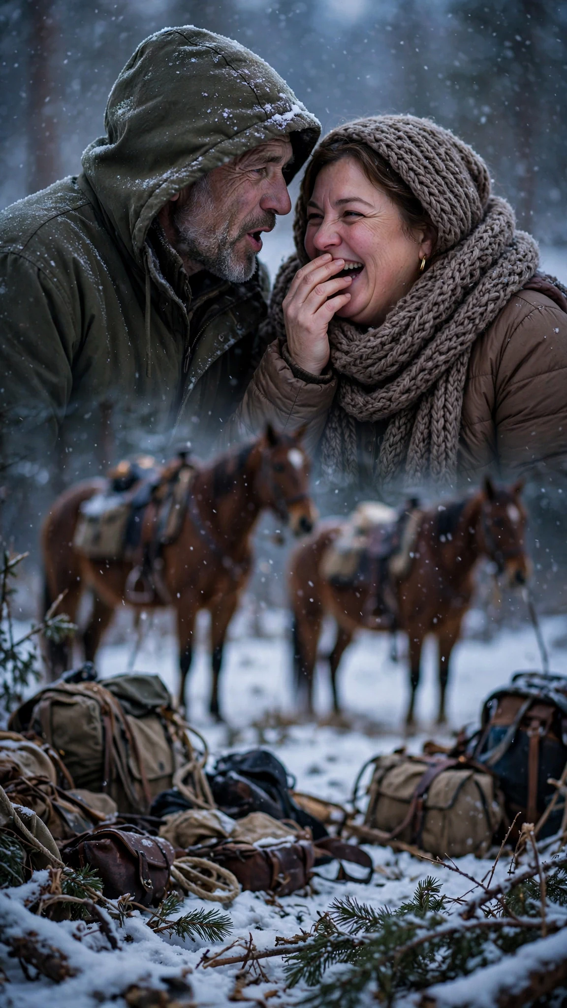 A man in the crowd mutters to the woman beside him, and both of them laugh.