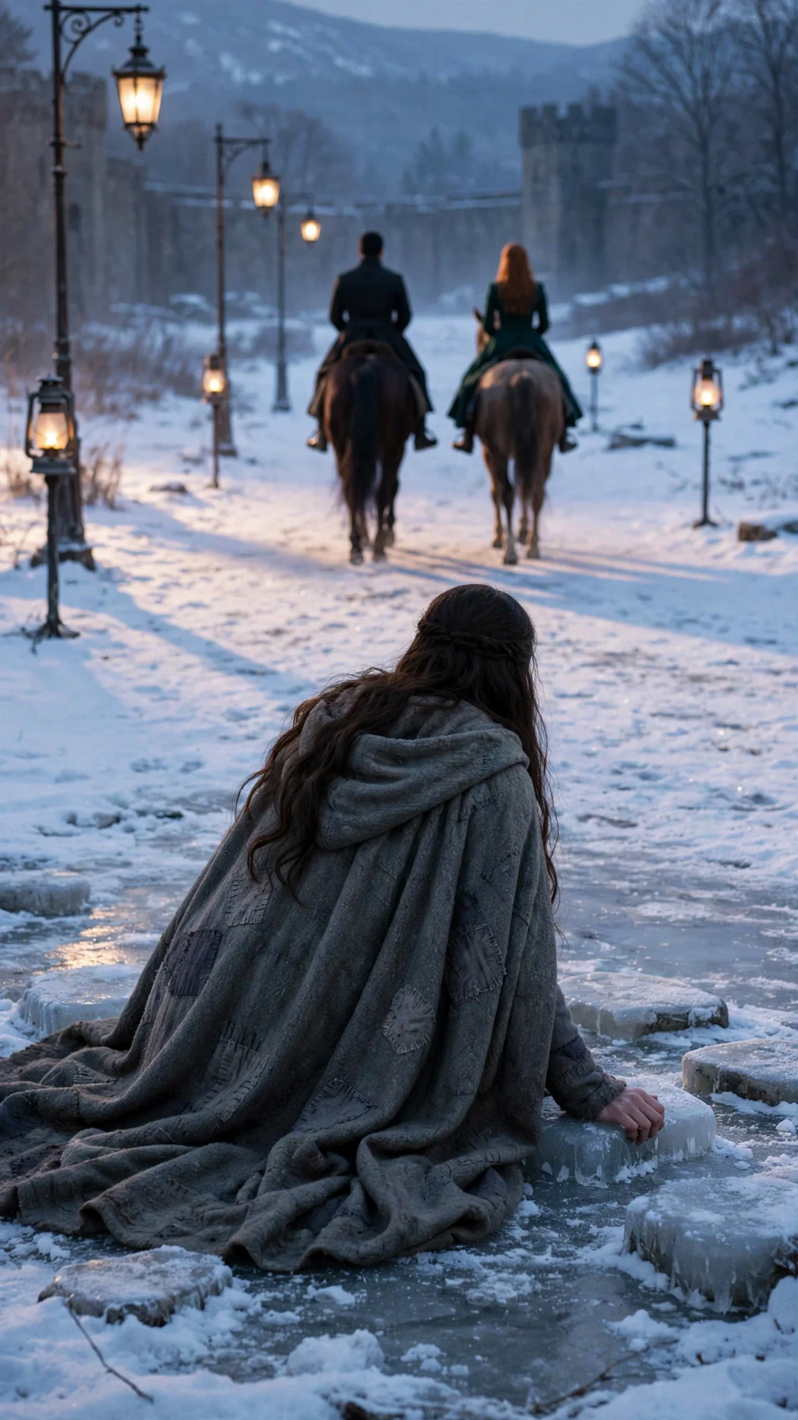 The riders move away down the causeway while the young woman stays on her knees in the snow.