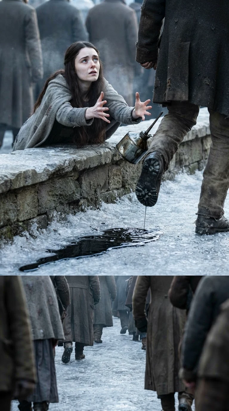 A boot kicks an oil can off the wall and black oil spreads across the ice.