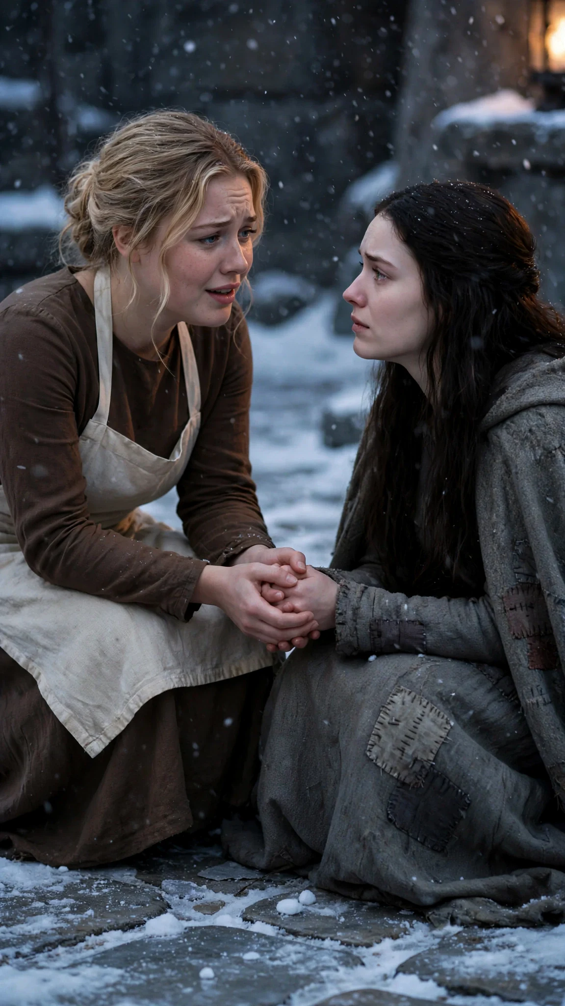 A round-faced young woman in a healer's apron crouches and takes the kneeling woman's hands.